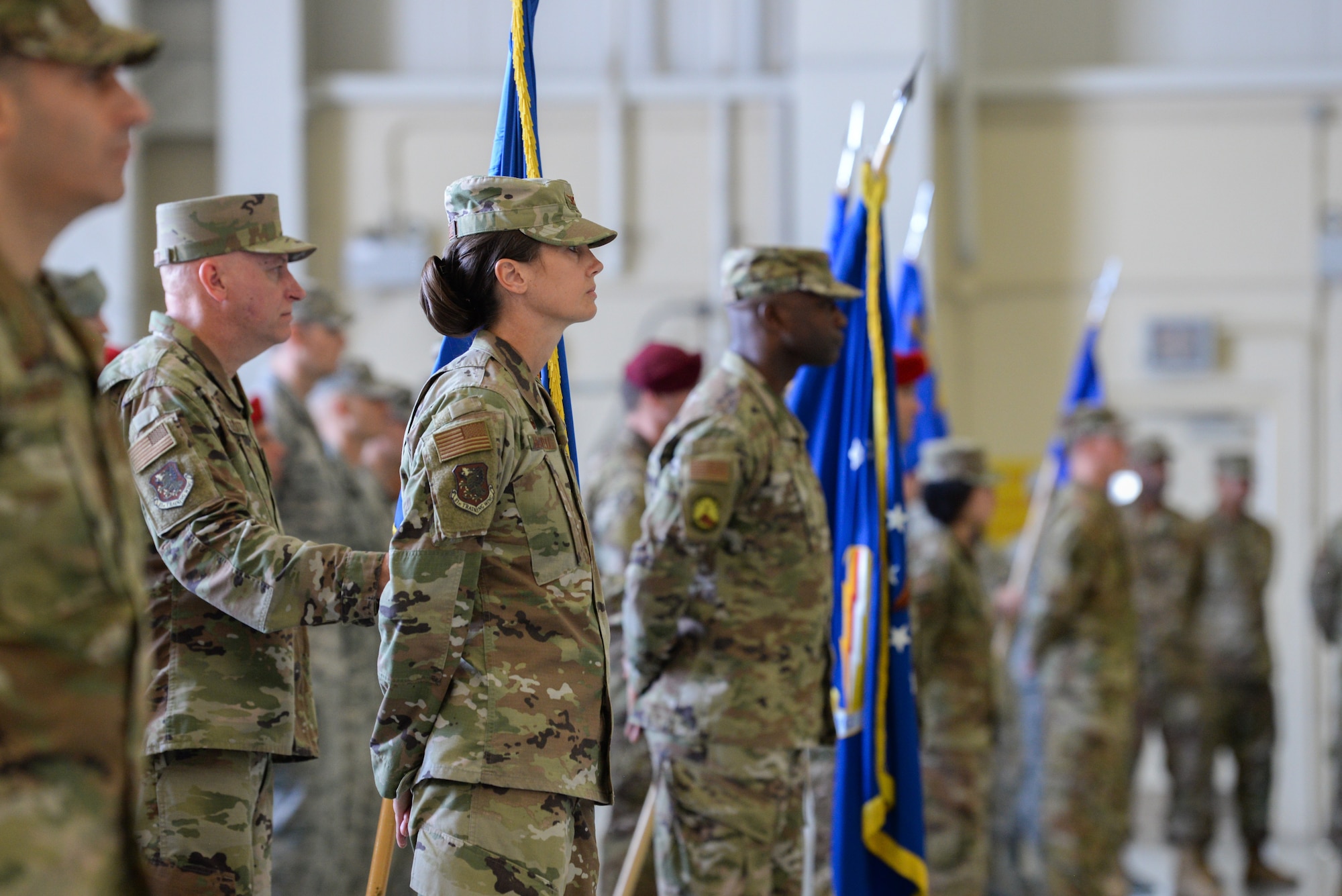 U.S. Air Force Col. Heather Blackwell, 81st Training Wing commander, stands at parade rest during the Second Air Force change of command ceremony on Keesler Air Force Base, Mississippi, Aug. 29, 2019. The ceremony is a symbol of command being exchanged from one commander to the next. Tullos
assumed command of the Second Air Force from Maj. Gen. Timothy Leahy. (U.S. Air Force photo by Airman 1st Class Spencer Tobler)