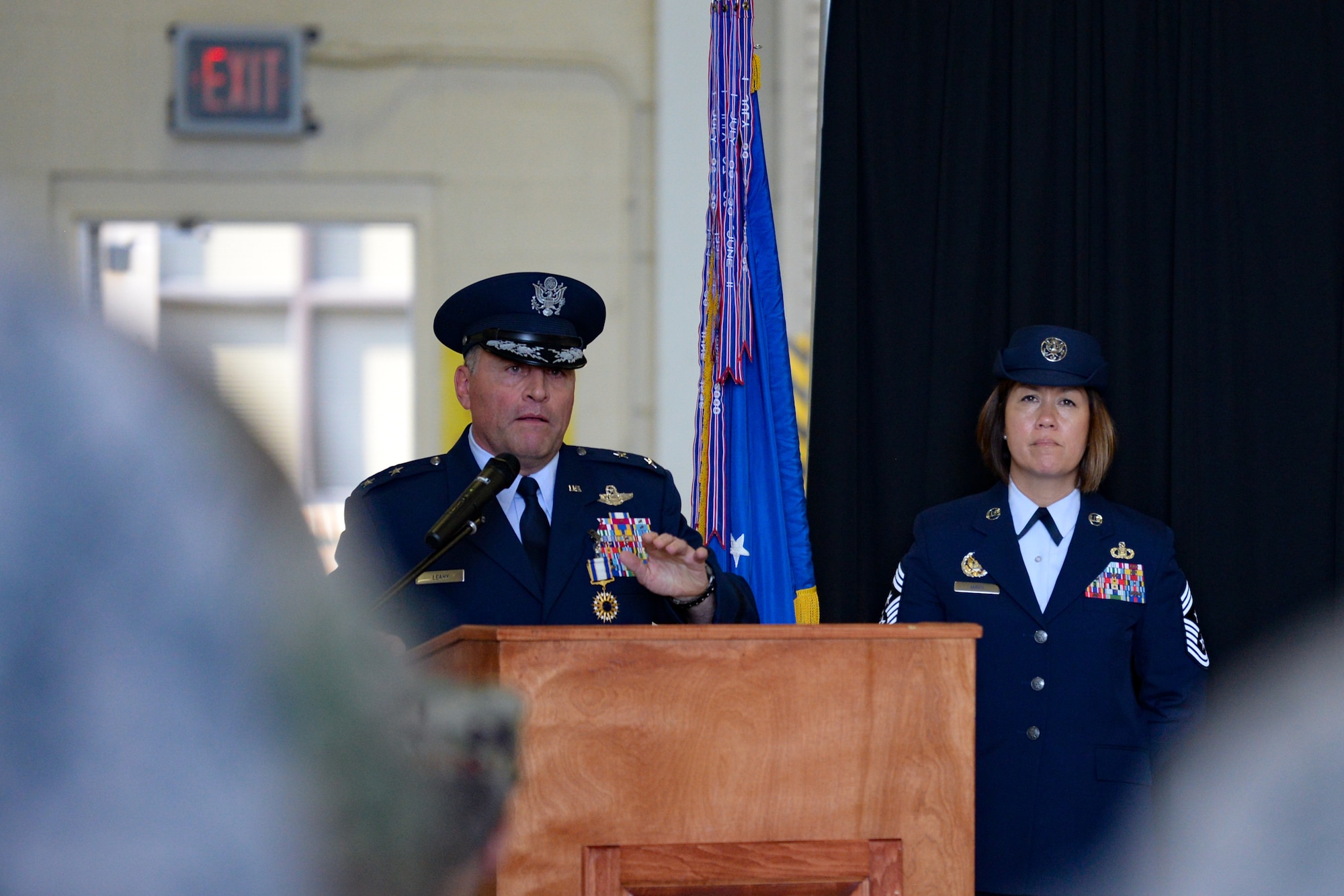 U.S. Air Force Maj. Gen. Timothy Leahy, Second Air Force commander, delivers remarks during the Second Air Force change of command ceremony on Keesler Air Force Base, Mississippi, Aug. 29, 2019. The ceremony is a symbol of command being exchanged from one commander to the next. Leahy relinquished command of the Second Air Force to Maj. Gen. Andrea Tullos. (U.S. Air Force photo by
Airman 1st Class Spencer Tobler)