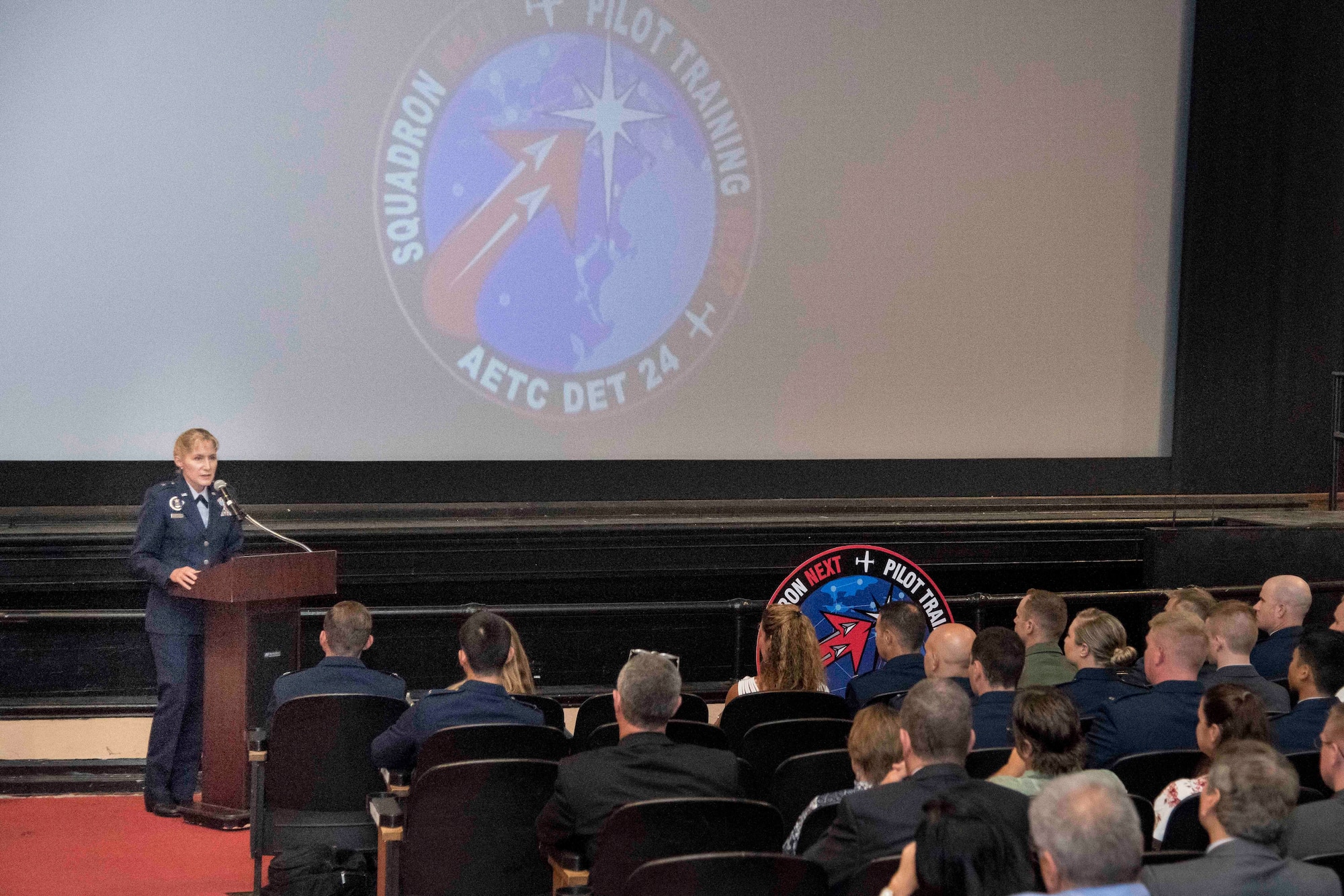 Brig. Gen. Jeannie Leavitt, Air Force Recruiting Service commander, speaks to the graduating class of the Pilot Training Next August 29, 2019, at Joint Base San Antonio-Randolph, Texas. PTN is a program to explore and potentially prototype a training environment that integrates various technologies to produce pilots in an accelerated, cost efficient, learning-focused manner. (U.S. Air Force photo by Sean M. Worrell)