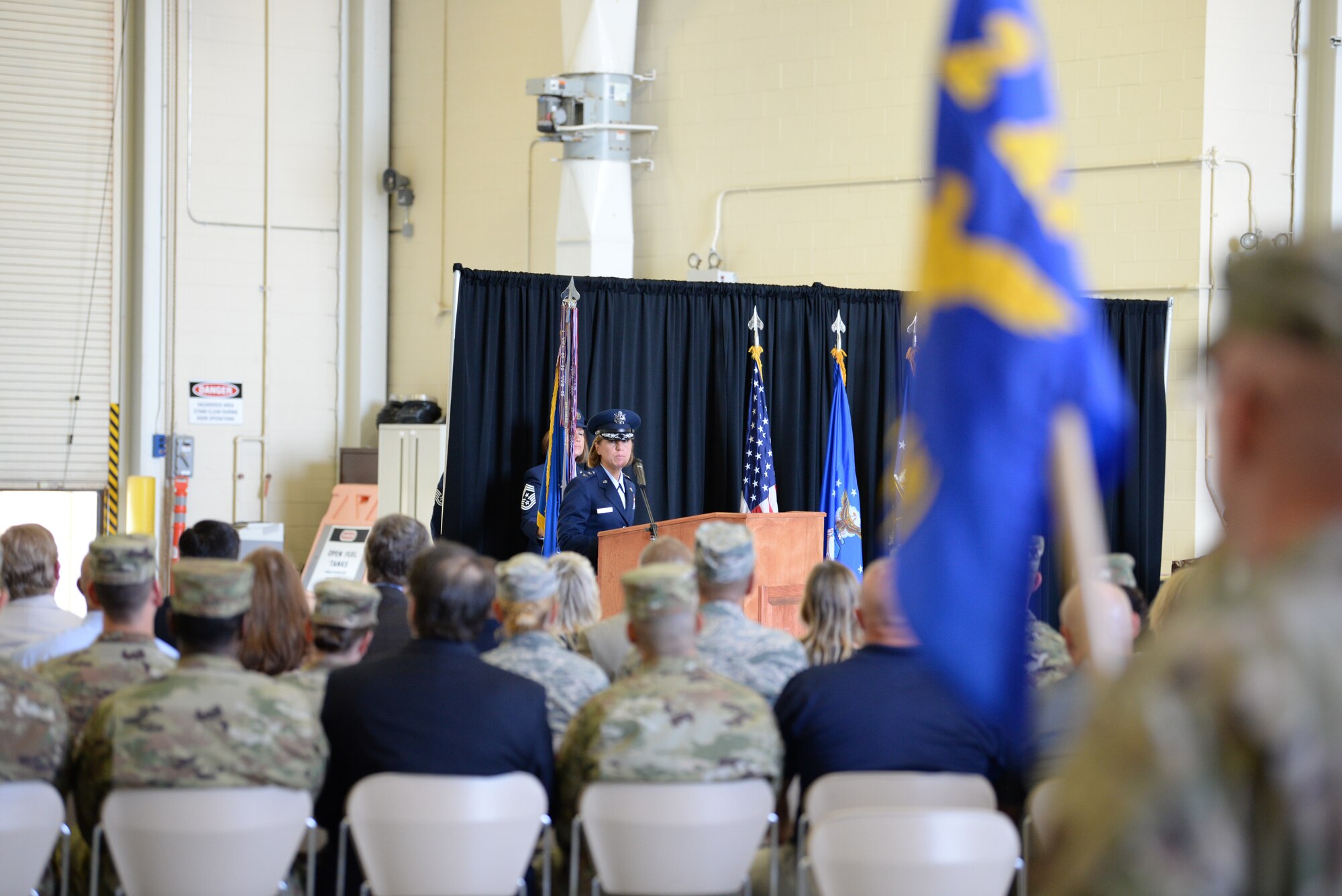 U.S. Air Force Maj. Gen. Andrea Tullos, Second Air Force  commander, delivers remarks during the Second Air Force change of command ceremony on Keesler Air Force Base, Mississippi, Aug. 29, 2019. The ceremony is a symbol of command being exchanged from one commander to the next. Tullos assumed command of the Second Air Force from Maj. Gen. Timothy Leahy. (U.S. Air Force photo by
Airman 1st Class Spencer Tobler)