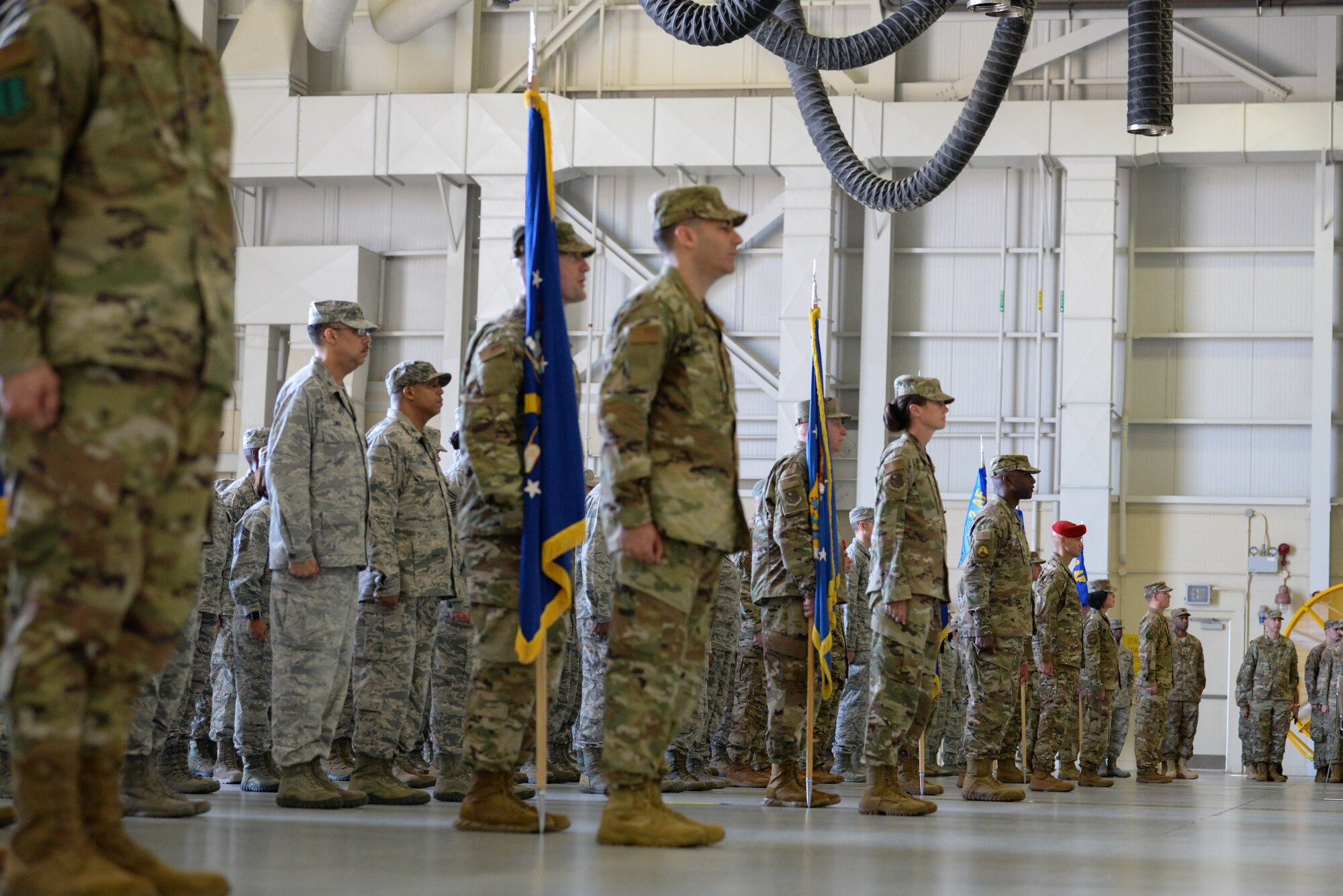 Second Air Force wing and group level commanders stand at attention during the Second Air Force  change of command ceremony on Keesler Air Force Base, Mississippi, Aug. 29, 2019. The ceremony is a symbol of command being exchanged from one commander to the next. Tullos assumed command of the Second Air Force from Maj. Gen. Timothy Leahy. (U.S. Air Force photo by Airman 1st Class Spencer Tobler)