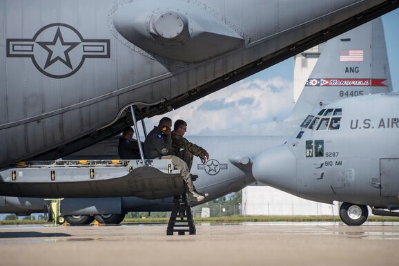 A third newly upgraded C-130H2 Hercules, tail 79287, arrives, Aug. 8, 2019, and is now assigned to the 179th Airlift Wing, Mansfield, Ohio. These aircraft were recently upgraded at Dyess AFB, TX. and arrived with Electronic Propeller Control Systems (EPCS), ensuring they meet requirements for incorporating modular blade technology (NP2000), an upgrade that would give them eight bladed propellers. (U.S. Air National Guard photo by Tech. Sgt. Joe Harwood)