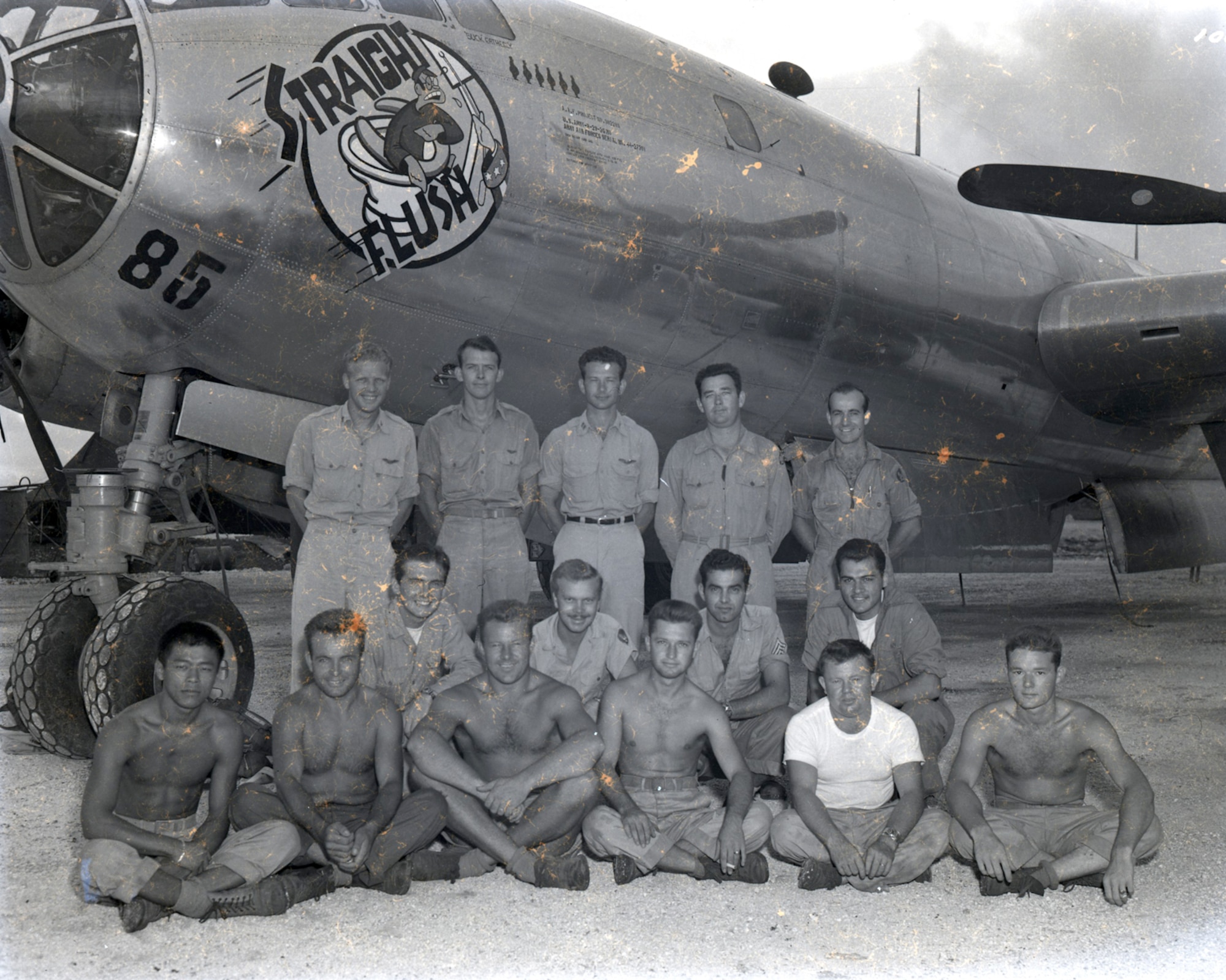 he B-29 Superfortress nicknamed “Straight Flush” and aircrew. Straight Flush and its regular crew flew the plane over Japan and radioed that the weather appeared sufficiently clear before the Enola Gay dropped the atomic bomb on Hiroshima Aug. 6, 1945. Pictured: (Top row, left to right) 2nd Lt. Ira J. Weatherly, 2nd Lt. Franklin Wey, Maj. Claude R. Eatherly, Capt. Francis D. Thornhill, and 2nd Lt Thoms Grennan. (Middle row, left to right) Sgt. Jack Bivans, Sgt. Gillon T. Niceley, S/Sgt. Pasquale Baldasaro, Sgt. Albert Barsumian. Bottom row, left to right) Cpl. Yive J.H. Ping, Pfc. Harold E. Kinsley, Pfc. Chester S. Chudy, Sgt. Howard A. Thompson, T/Sgt. Donald D. Beaudette, and Cpl. William E. Smith. (U.S. Air Force photo)