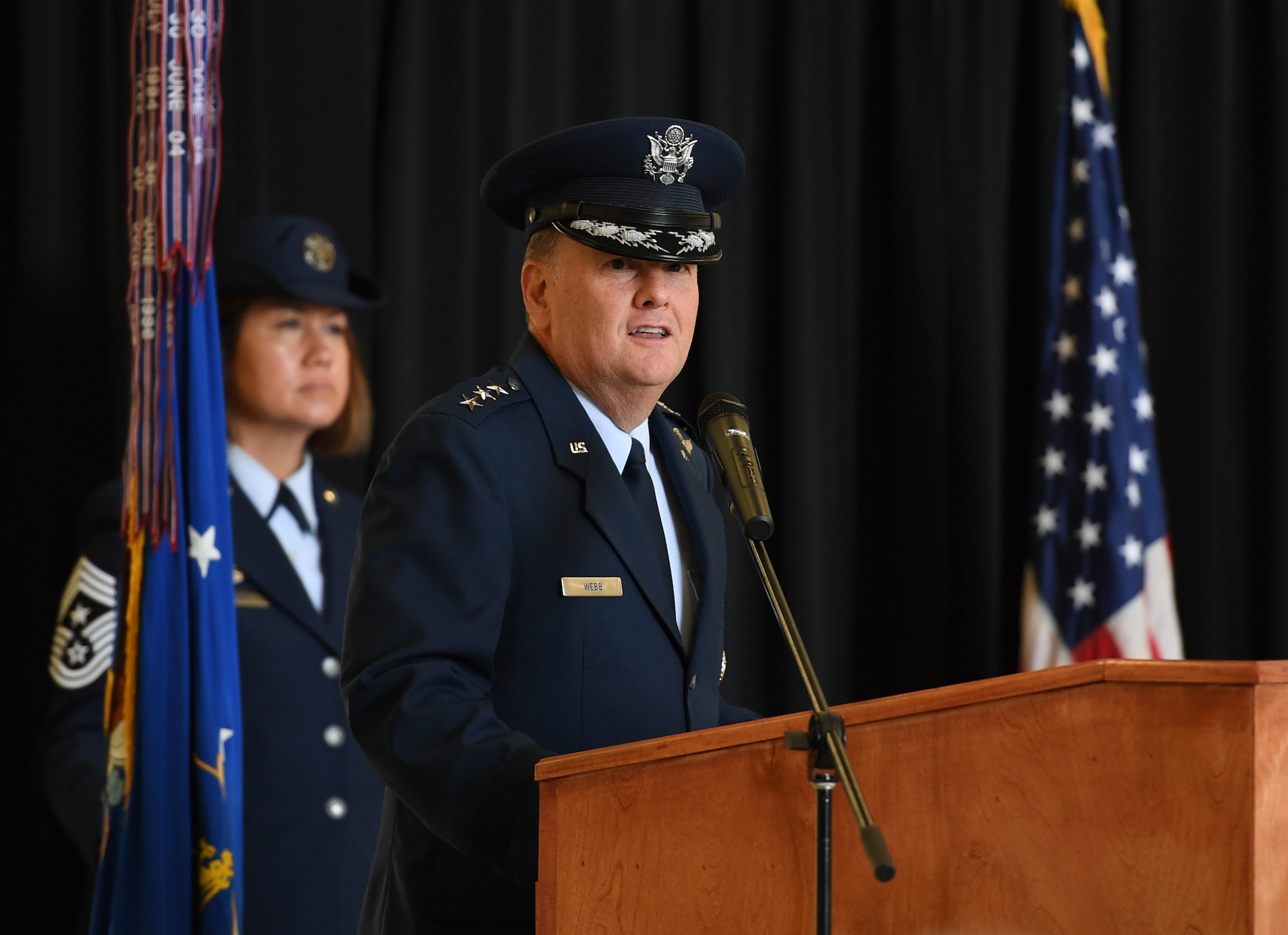 U.S. Air Force Lt. Gen. Brad Webb, commander of Air Education and Training Command, delivers remarks during the Second Air Force change of command ceremony on Keesler Air Force Base,
Mississippi, Aug. 29, 2019. The ceremony is a symbol of command being exchanged from one commander to the next. Maj. Gen. Andrea Tullos assumed command of the Second Air Force from Maj. Gen. Timothy Leahy. (U.S. Air Force photo by Kemberly Groue)