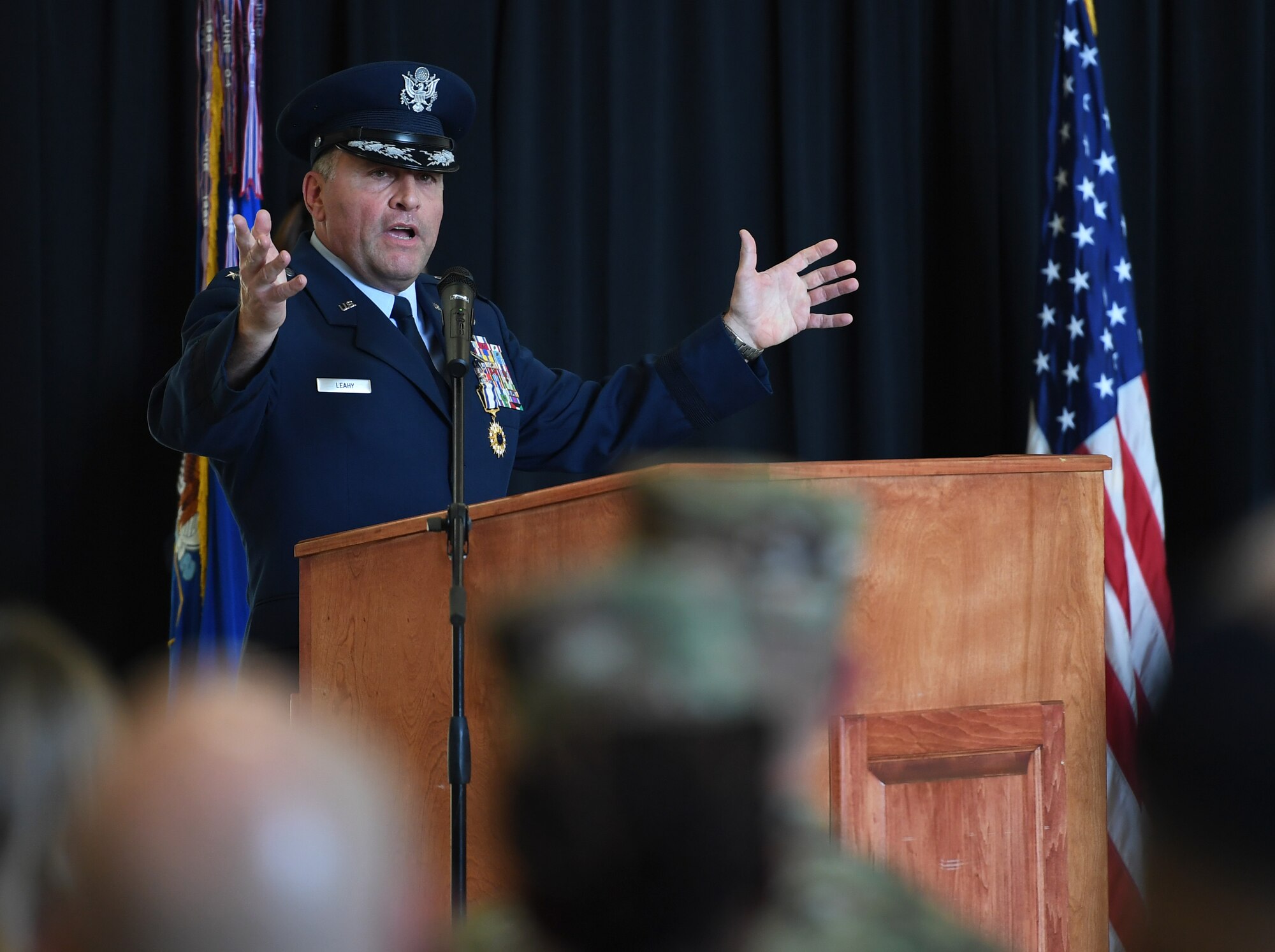 U.S. Air Force Maj. Gen. Timothy Leahy, Second Air Force commander, delivers remarks during the Second Air Force change of command ceremony on Keesler Air Force Base, Mississippi, Aug. 29, 2019. The ceremony is a symbol of command being exchanged from one commander to the next. Leahy relinquished command of the Second Air Force to Maj. Gen. Andrea Tullos. (U.S. Air Force photo by Kemberly Groue)