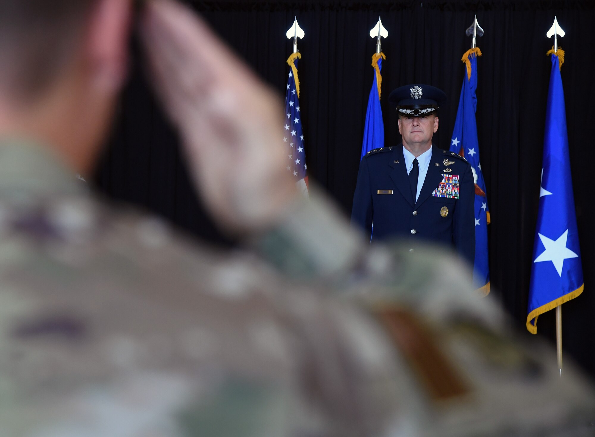 U.S. Air Force Lt. Gen. Brad Webb, commander of Air Education and Training Command, stands at attention during the Second Air Force change of command ceremony on Keesler Air Force Base,
Mississippi, Aug. 29, 2019. The ceremony is a symbol of command being exchanged from one commander to the next. Maj. Gen. Andrea Tullos assumed command of the Second Air Force from Maj. Gen. Timothy Leahy. (U.S. Air Force photo by Kemberly Groue)