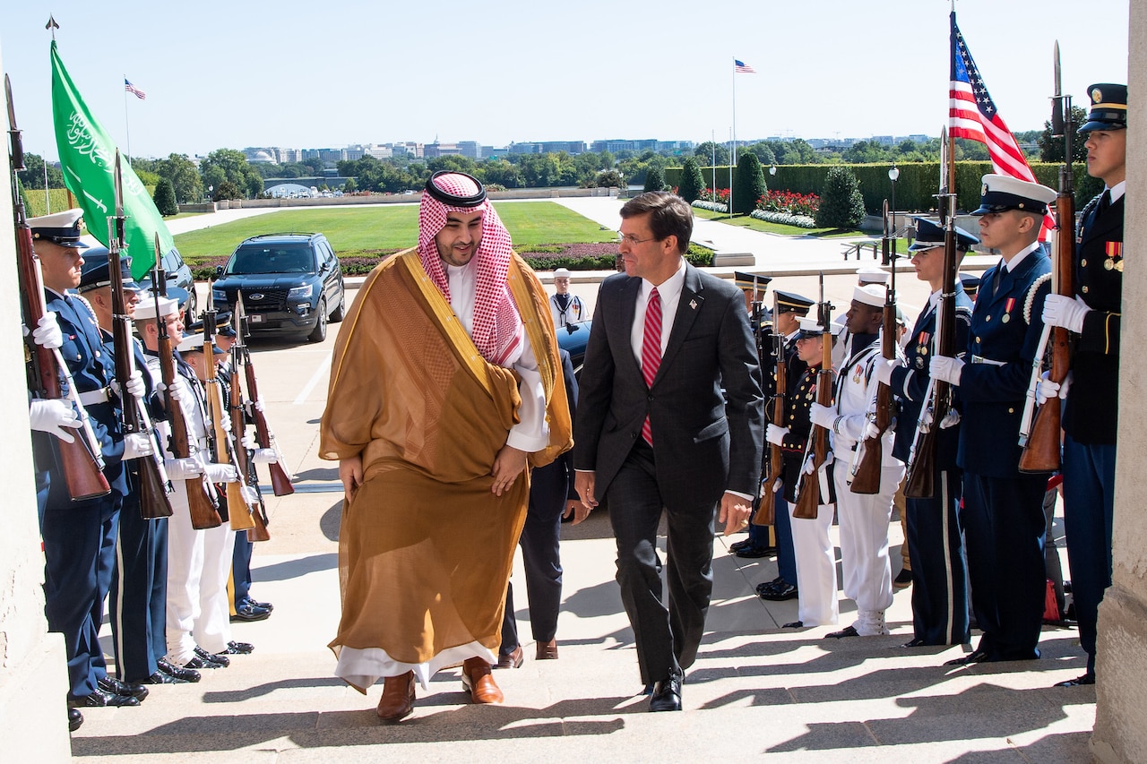Defense Secretary Dr. Mark T. Esper walks up steps with the Saudi Vice Defense Minister.