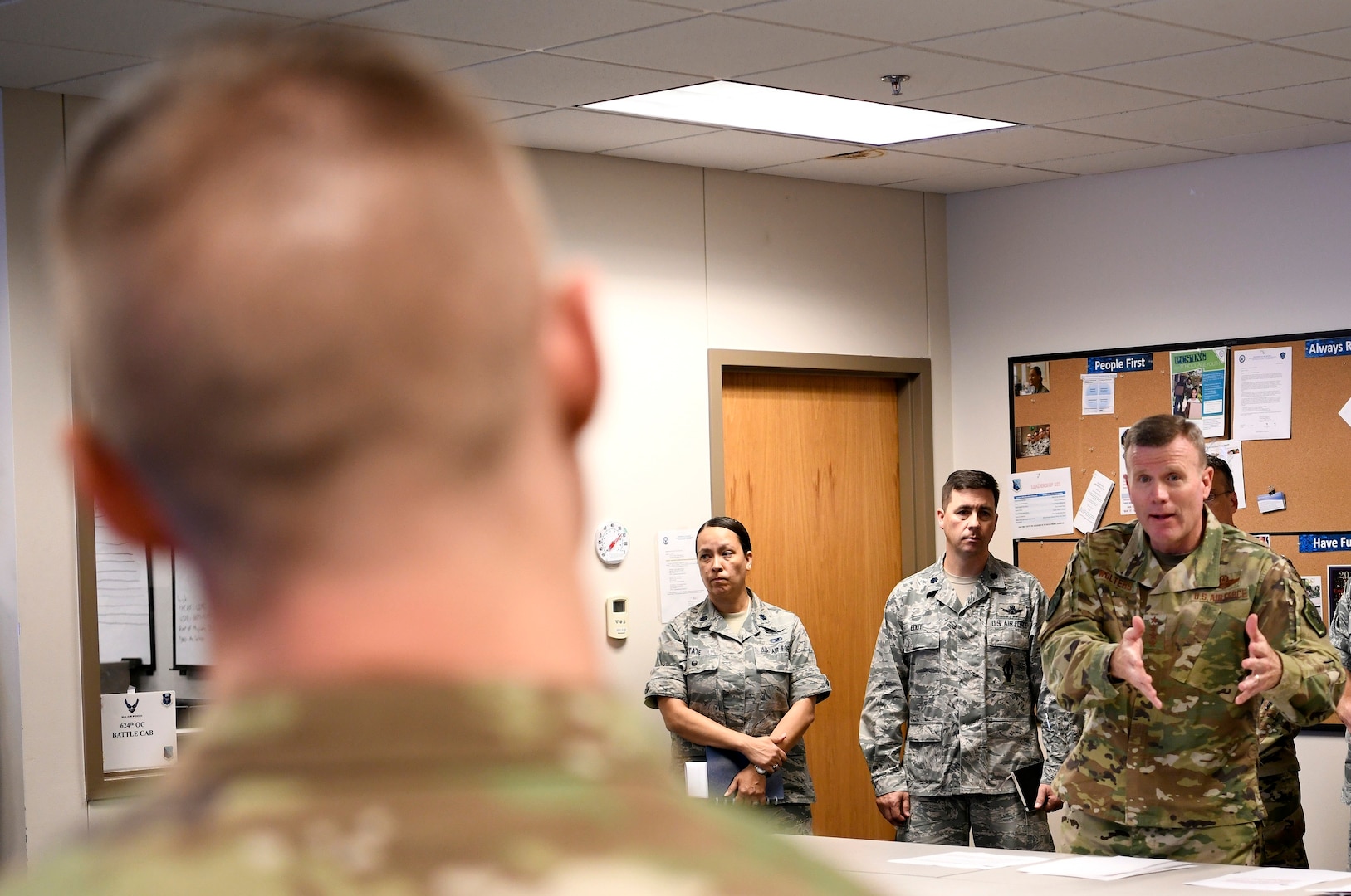 Gen. Tod Wolters, commander of U.S. European Command, discusses the far-reaching effects of cyber during his visit to Joint Base San Antonio-Lackland Aug. 28. Wolters visited the 624th Operations Center to learn about the center's command and control mission, and to meet cyber Airmen.