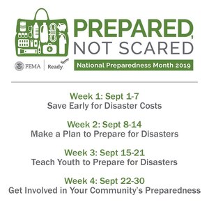 September is recognized as National Preparedness Month, which serves as a reminder to plan and prepare for emergencies that could impact our homes, workplace, schools, and communities. Planning and preparation is essential in building resilient communities and coincides with this year’s theme of “Prepared, Not Scared. Be Ready for Disasters.”