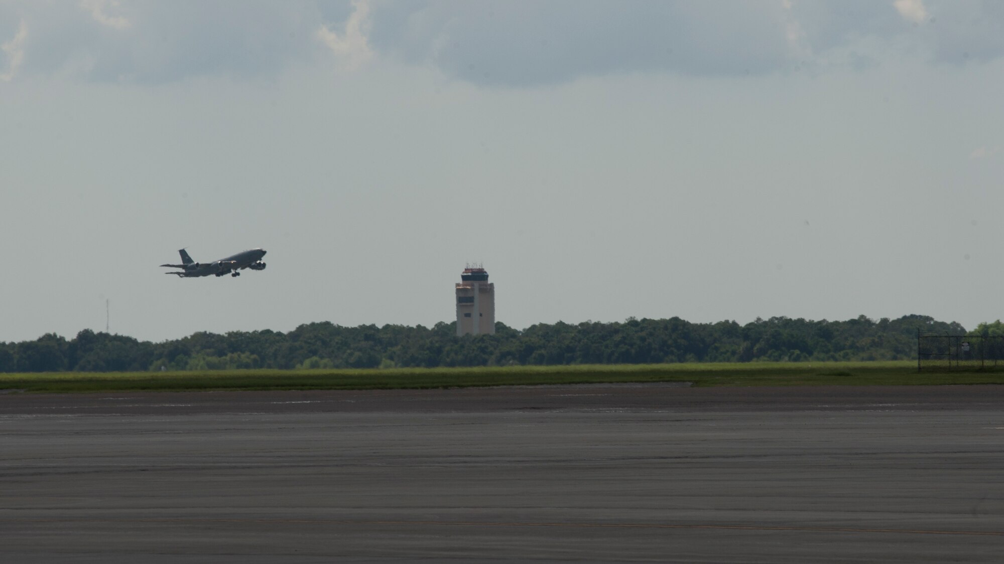 A KC-135 Stratotanker takes-off MacDill Air Force Base, Fla. Aug. 29, 2019.  MacDill’s leadership team ordered the departure of the KC-135’s as a precautionary measure in preparation for Hurricane Dorian. (U.S. Air Force photo by Airman 1st Class Shannon Bowman)