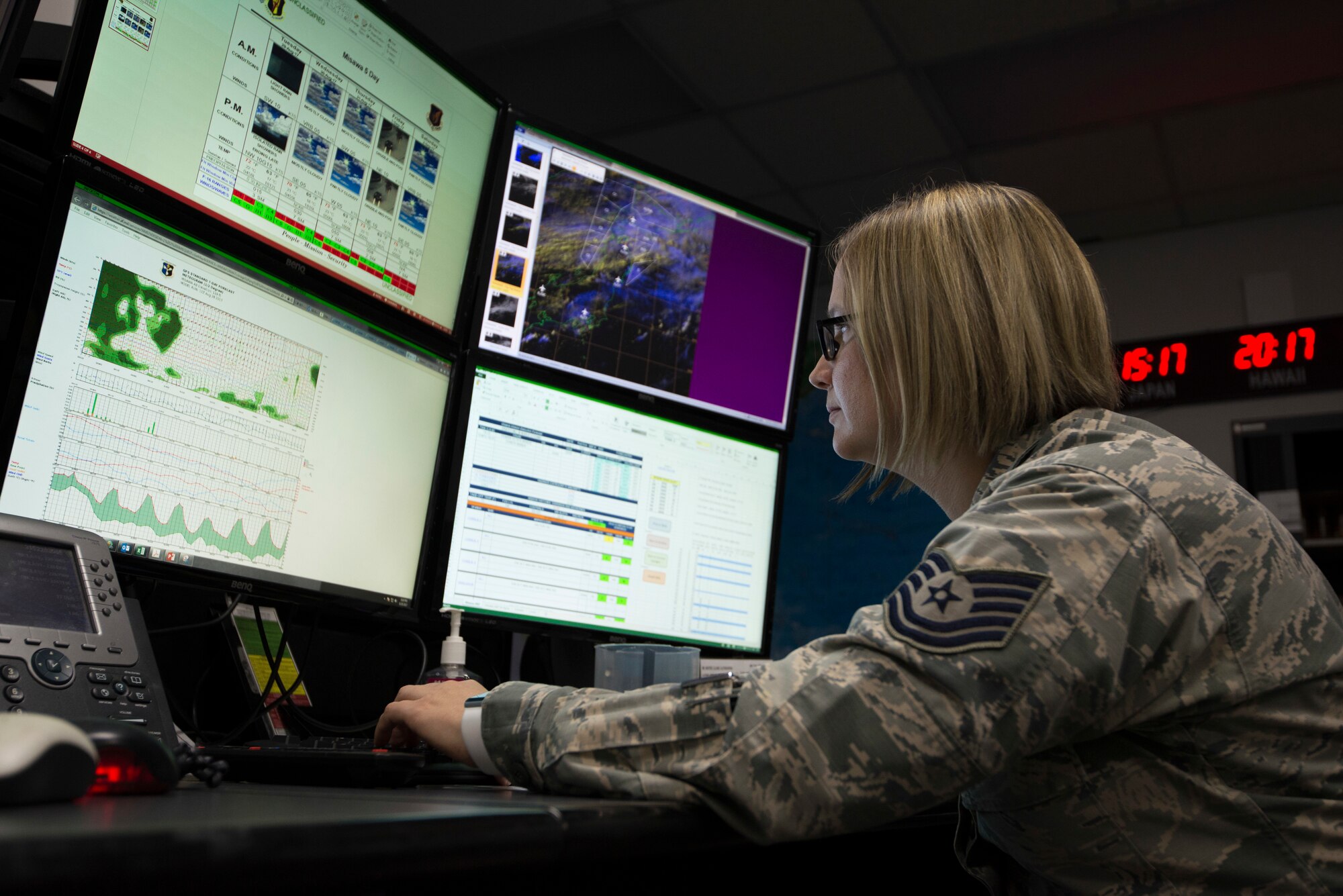 U.S. Air Force Tech. Sgt. Trisha Briggs, a 35th Operations Support Squadron weather forecaster, sends weekly weather results at Misawa Air Base, Japan, Aug. 29, 2017. The flight uses a computer based system, including radar, satellite and model outputs. Supporting flying missions by providing pilots with weather forecasts is their primary mission. (U.S. Air Force photo by Airman Xiomara M. Martinez)