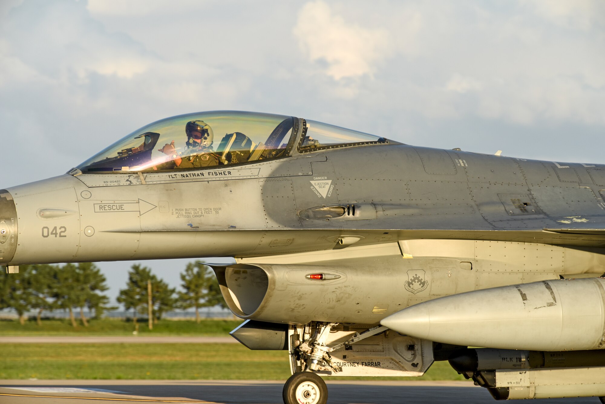 Capt. Ryan Loyd, 35th Fighter Squadron pilot, taxis down the runway in preparation for a routine training flight at Kunsan Air Base, Republic of Korea, Aug. 30, 2019. The 8th Operations Group equips and trains the 35th Fighter Squadron “Pantons” and 80th FS “Juvats” to conduct air-to-ground and air-to-air missions. (U.S. Air Force photo by Staff Sgt. Mackenzie Mendez)