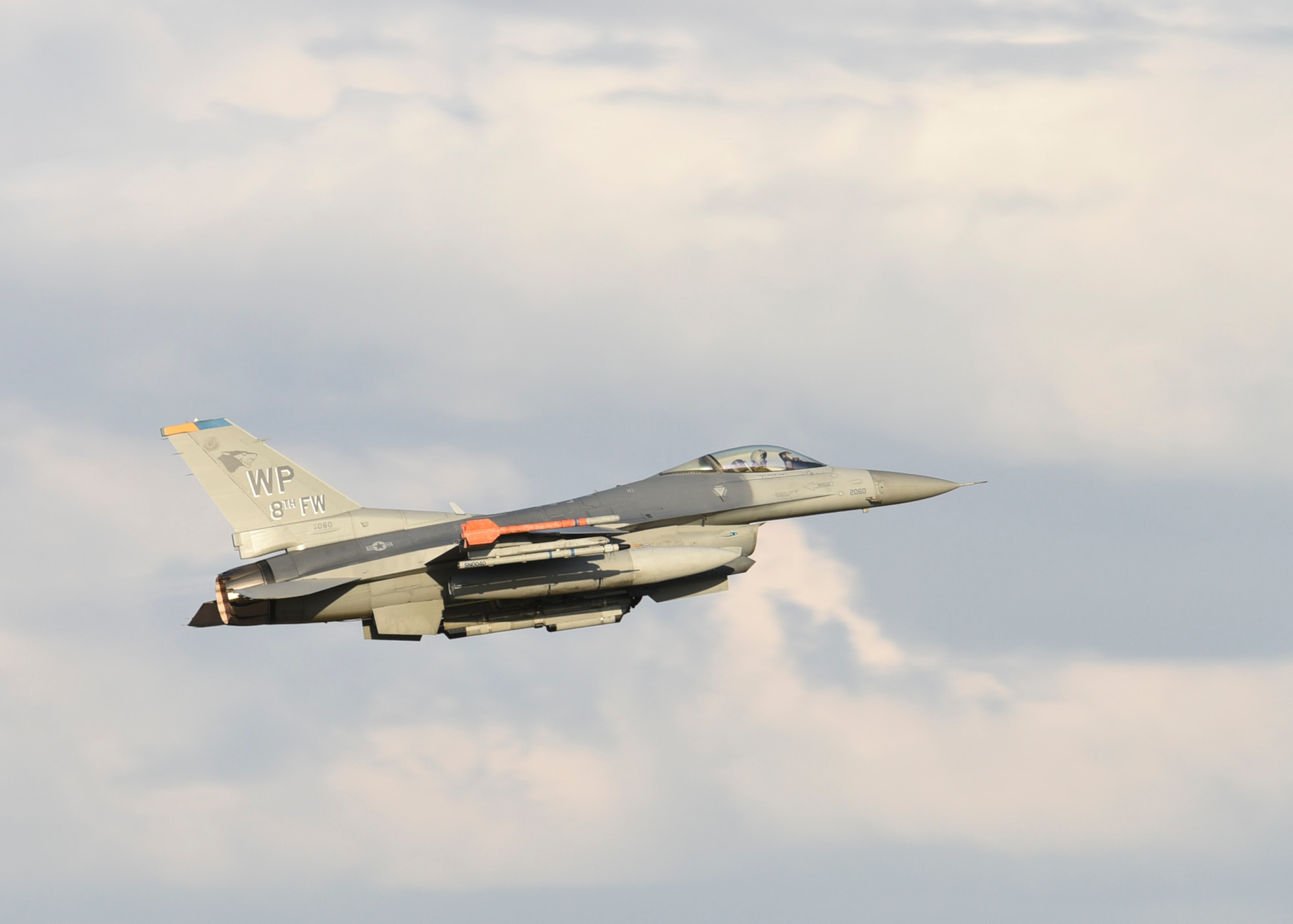 A U.S. Air Force pilot from the 8th Fighter Wing takes off in an F-16 Fighting Falcon for routine training at Kunsan Air Base, Republic of Korea, Aug. 29, 2019. The F-16 can reach altitudes above 50,000 feet. (U.S. Air Force photo by Staff Sgt. Anthony J. Hetlage)