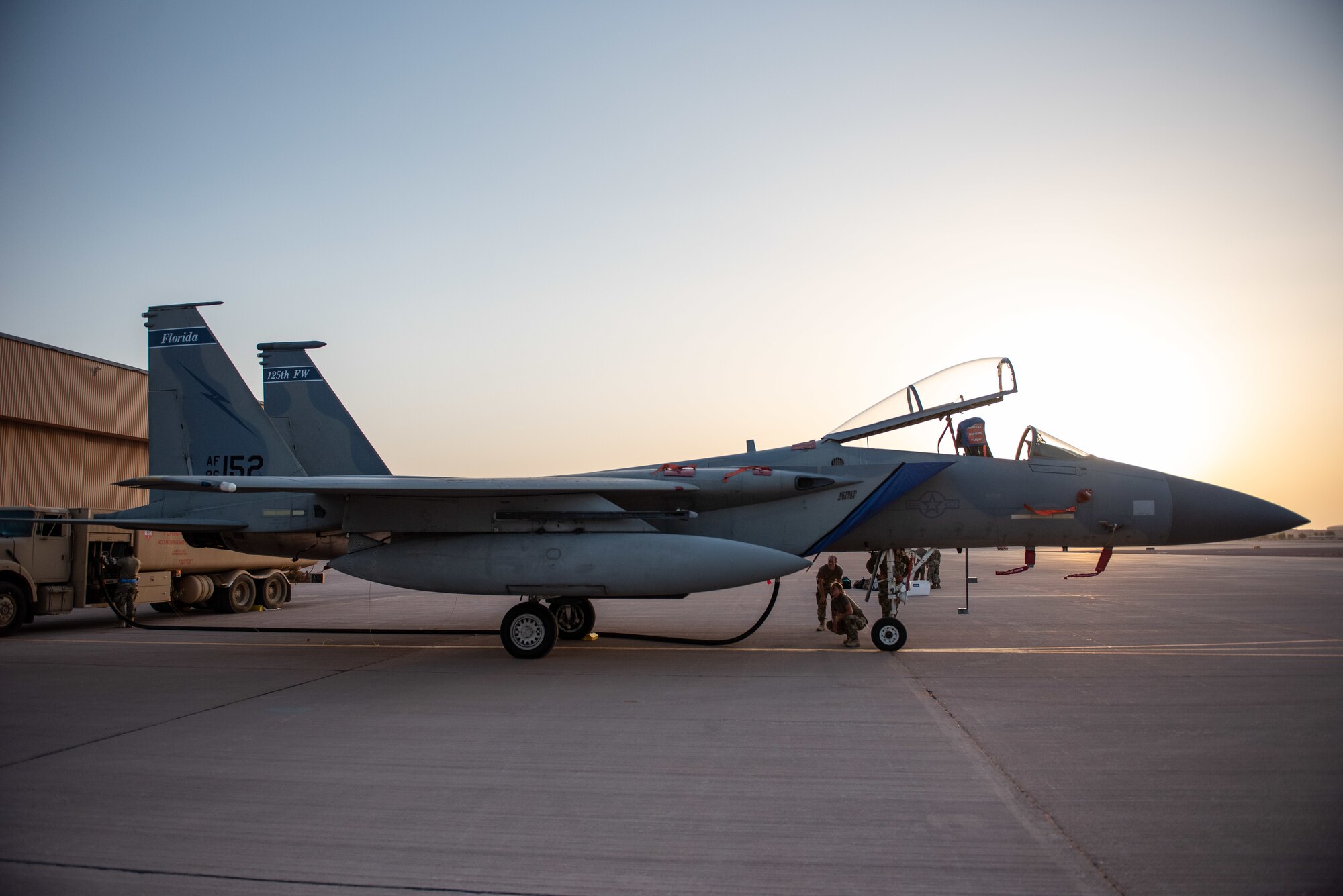 An F-15C Eagle receives fuel during Exercise Hype Eagle Aug. 18, 2019, at Prince Sultan Air Base, Saudi Arabia. The 159th Expeditionary Fighter Squadron forward deployed to challenge their flexibility at expanding tactical and strategic reach while strengthening coalition and regional partnerships in the U.S. Central Command area of responsibility. (U.S. Air Force photo by Staff Sgt. Chris Thornbury)