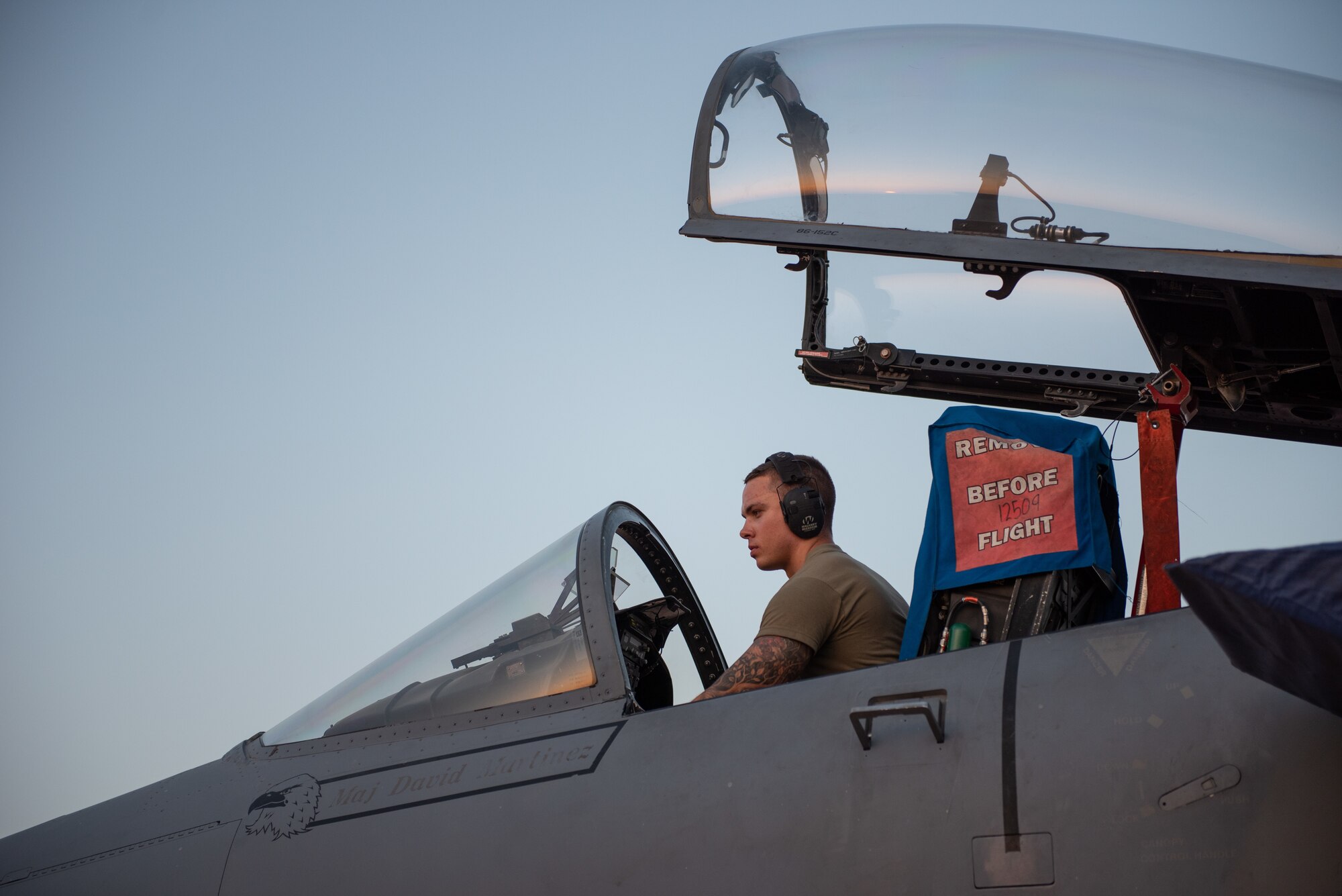 Staff Sgt. Bryce Paulson, 380th Expeditionary Aircraft Maintenance Squadron crew chief, inspects an F-15C Eagle during exercise Hype Eagle Aug. 18, 2019, at Prince Sultan Air Base, Saudi Arabia. The 159th Expeditionary Fighter Squadron forward deployed to challenge their flexibility at expanding tactical and strategical reach while strengthening coalition and regional partnerships in the U.S. Central Command area of responsibility. (U.S. Air Force photo by Staff Sgt. Chris Thornbury)
