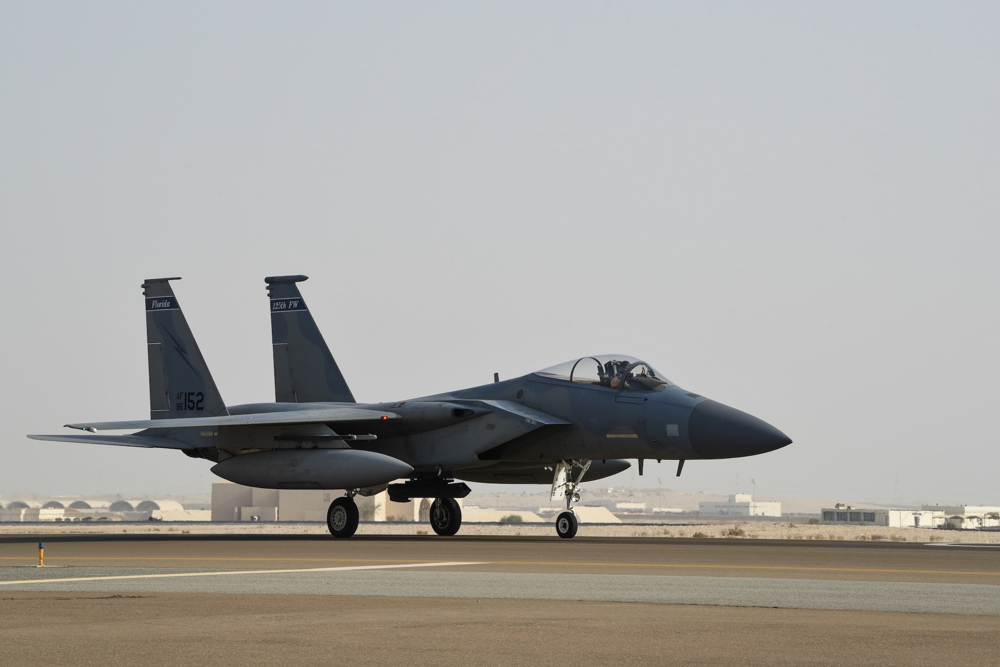 An F-15C Eagle taxis after exercise Hype Eagle Aug. 18, 2019, at Al Dhafra Air Base, United Arab Emirates. The 159th Expeditionary Fighter Squadron forward deployed to Prince Sultan Air Base, Saudi Arabia to challenge their flexibility at expanding tactical and strategical reach while strengthening coalition and regional partnerships in the U.S. Central Command area of responsibility. (U.S. Air Force photo by Tech. Sgt. Jocelyn Ford)
