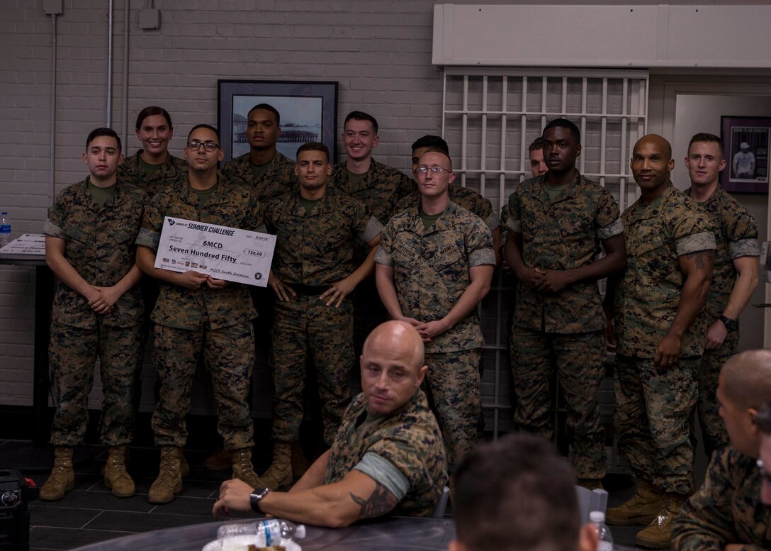 Marines with 6th Marine Corps District pose for a photo after placing 2nd in the Semper-Fit Summer Challenge aboard Marine Corps Recruit Depot Parris Island, South Carolina on Aug 29, 2019. The Semper-Fit Summer Challenge consists of mutiple events for units to participate in to recieve money towards their Marine Corps Birthday Ball. (U.S. Marine Corps photo by Cpl. Jack A. E. Rigsby)