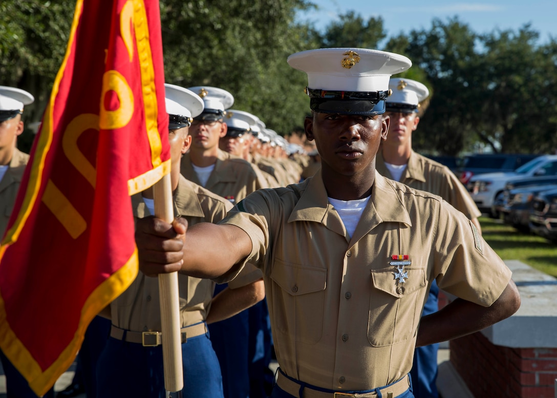 Private First Class Mark T. MarquezBurke completed Marine Corps recruit training as platoon honor graduate of Platoon 1069, Company C, 1st Recruit Training Battalion, Recruit Training Regiment, aboard Marine Corps Recruit Depot Parris Island, South Carolina, August 30, 2019. MarquezBurke was recruited by Staff Sergeant Joaquin Crisostomo from Recruiting Substation Albany. (U.S. Marine Corps photo by Cpl. Jack A. E. Rigsby)