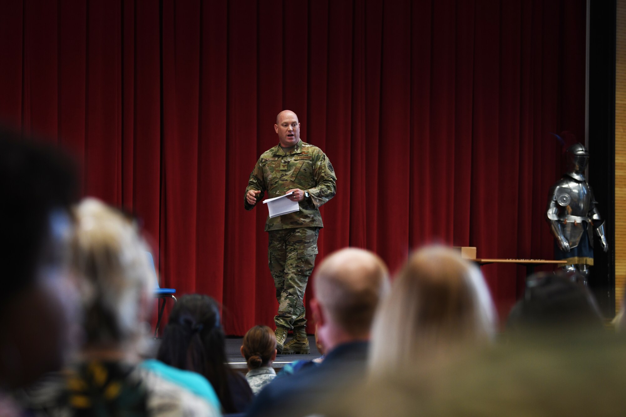 U.S. Air Force Col. John Stratton, 48th Fighter Wing vice commander, speaks to teachers of Liberty Wing schools at Royal Air Force Lakenheath, England, Aug. 29, 2019. Stratton shared information about the Liberty Wing’s mission, future plans of expansion and partnership with the installation schools. (U.S. Air Force photo by Airman 1st Class Shanice Williams-Jones)