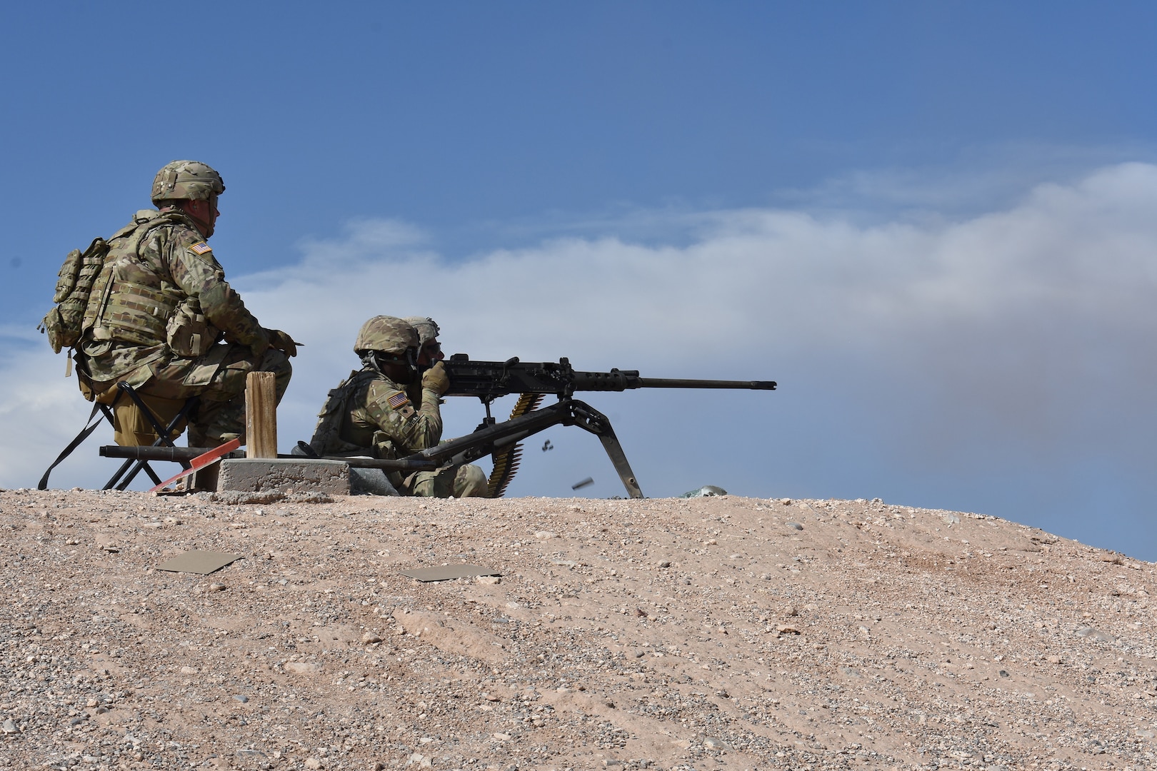 U.S. Soldiers in Echo Company, 236th Brigade Engineer Battalion, 30th Armored Brigade Combat Team, North Carolina National Guard, fire the M2 .50 caliber machine gun in the vicinity of Fort Bliss, Texas, August 27, 2019.