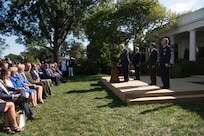 President Donald J. Trump hosts a White House ceremony on the establishment of the U.S. Space Command, with Vice President Mike Pence, Secretary of Defense Dr. Mark T. Esper, and the incoming commander of U.S. Space Command, Air Force Gen. John W. Raymond, Washington, D.C., Aug. 29, 2019.
