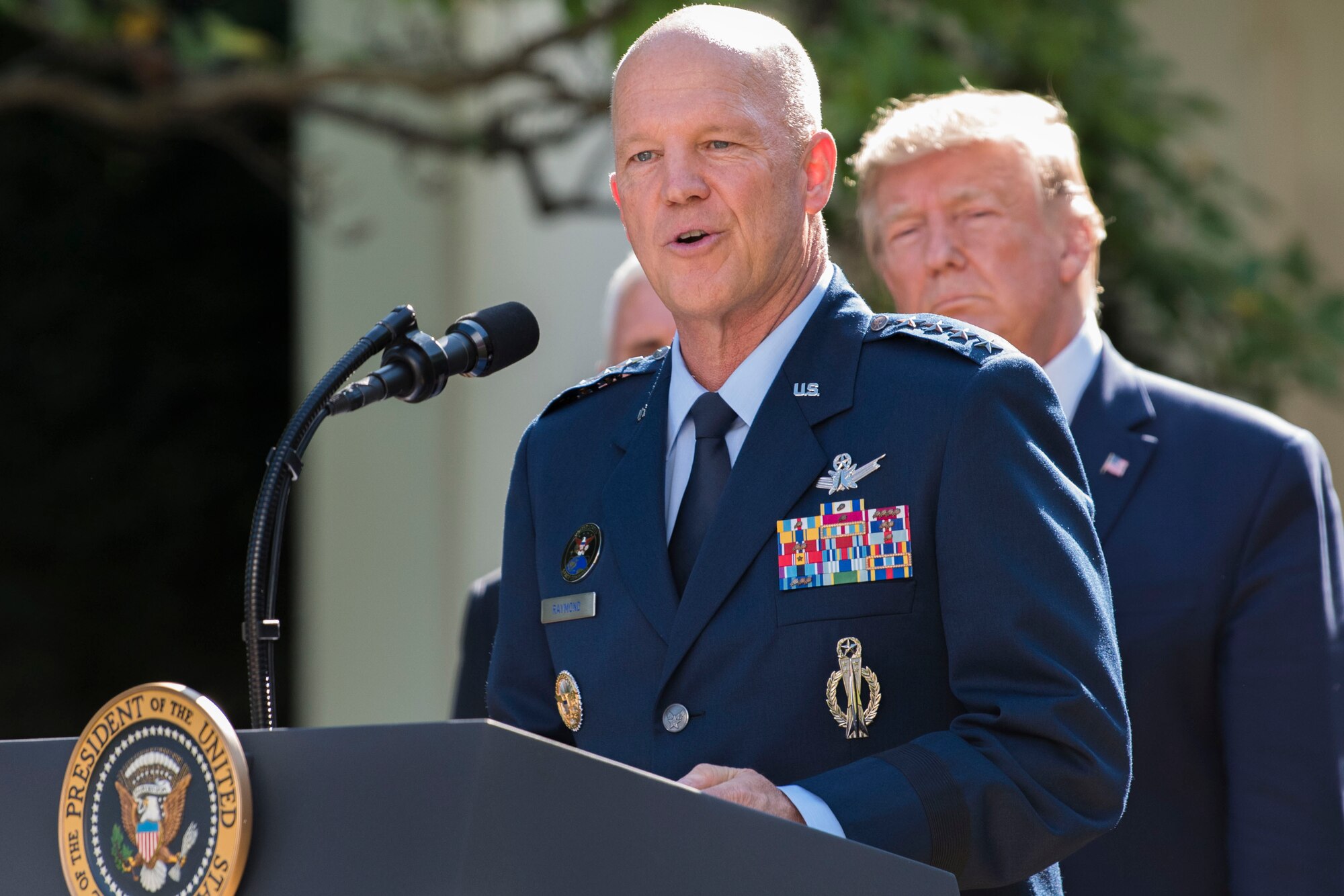 The incoming commander of U.S. Space Command, Air Force Gen. John W. Raymond, speaks at the White House ceremony on the establishment of the U.S. Space Command, Washington, D.C., Aug. 29, 2019.