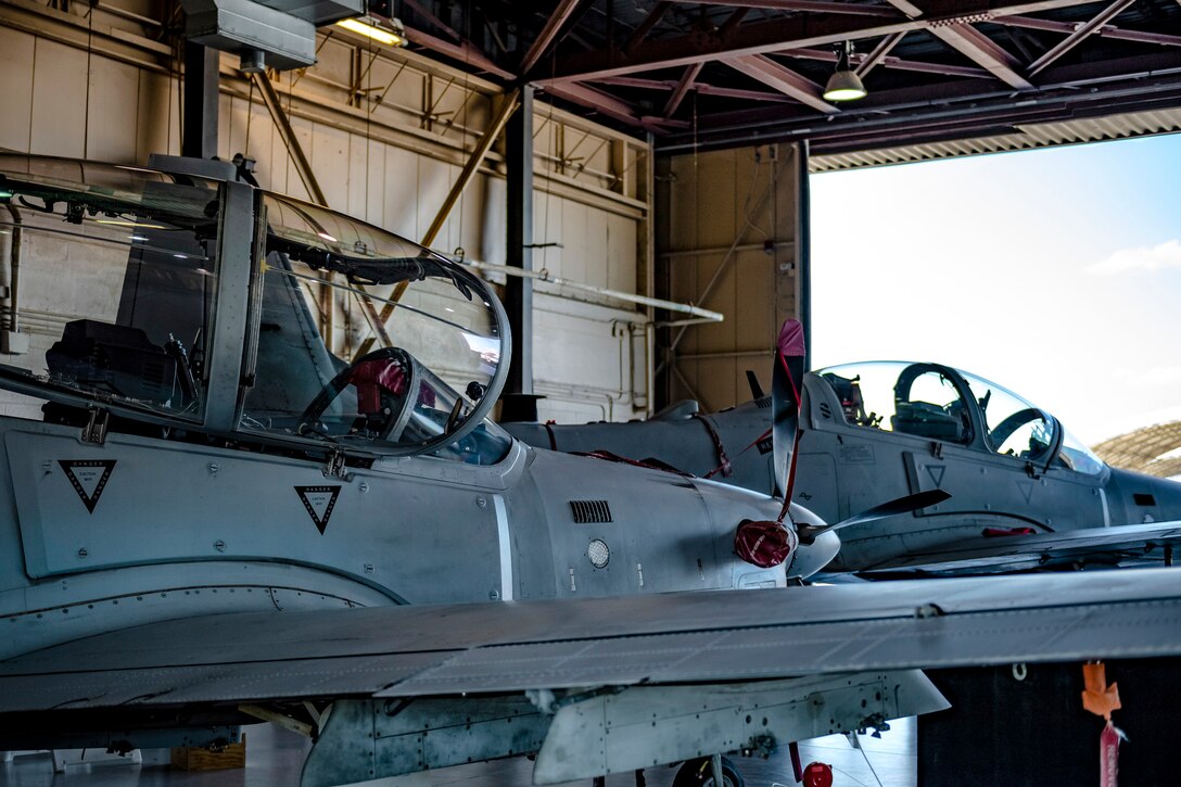 A-29 Super Tucanos sit in a hangar Aug. 30, 2019, at Moody Air Force Base, Ga. All Moody aircraft were hangared or secured in anticipation of Hurricane Dorian. (U.S. Air Force photo by Airman 1st Class Hayden Legg)