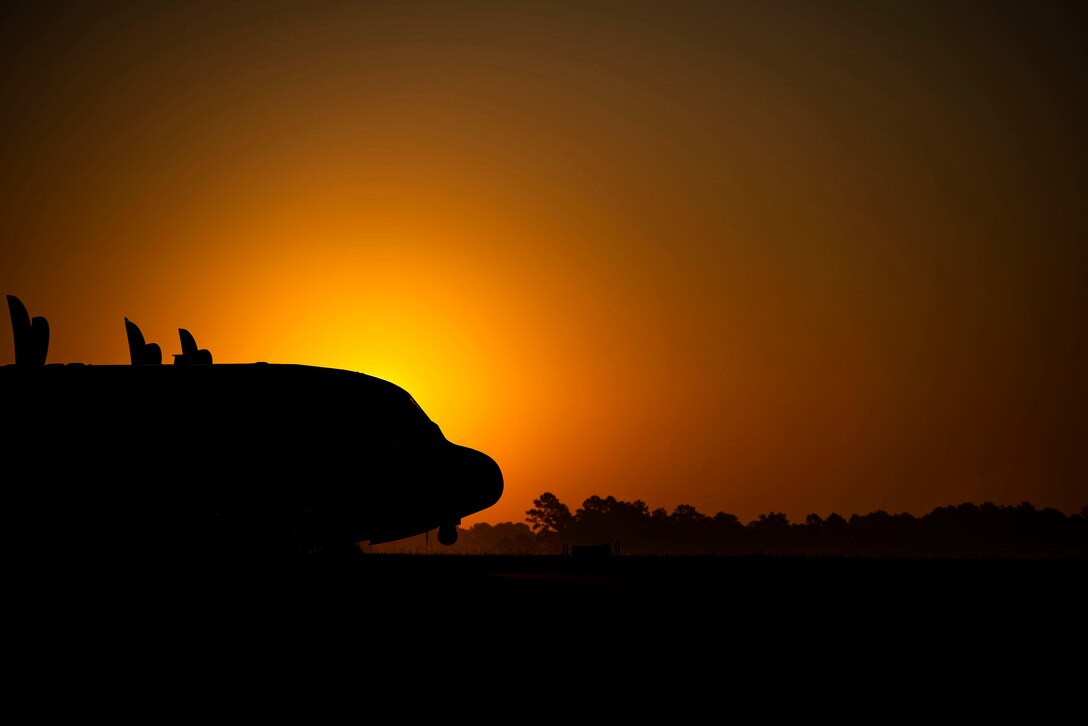 An HC-130J Combat King II sits on the flightline prior to taking off for Little Rock Air Force Base (AFB), Ark. Aug., 30, 2019, at Moody AFB, Ga. The aircraft was used to transport personnel and equipment to Little Rock AFB in support of Hurricane Dorian aircraft relocation efforts. (U.S. Air Force photo by Senior Airman Erick Requadt)