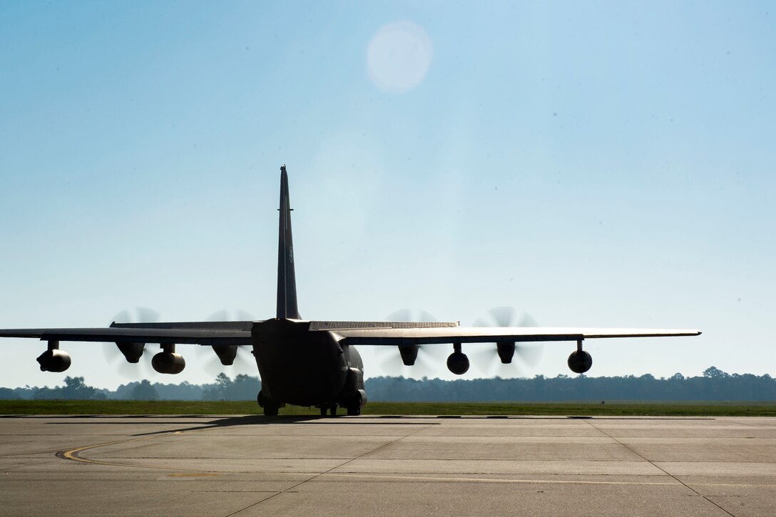 An HC-130J Combat King II taxis to the runway Aug. 30, 2019, at Moody Air Force Base (AFB), Ga. The aircraft was used to transport personnel and equipment to Little Rock AFB, Ark. in support of Hurricane Dorian aircraft relocation efforts. (U.S. Air Force photo by Senior Airman Erick Requadt)