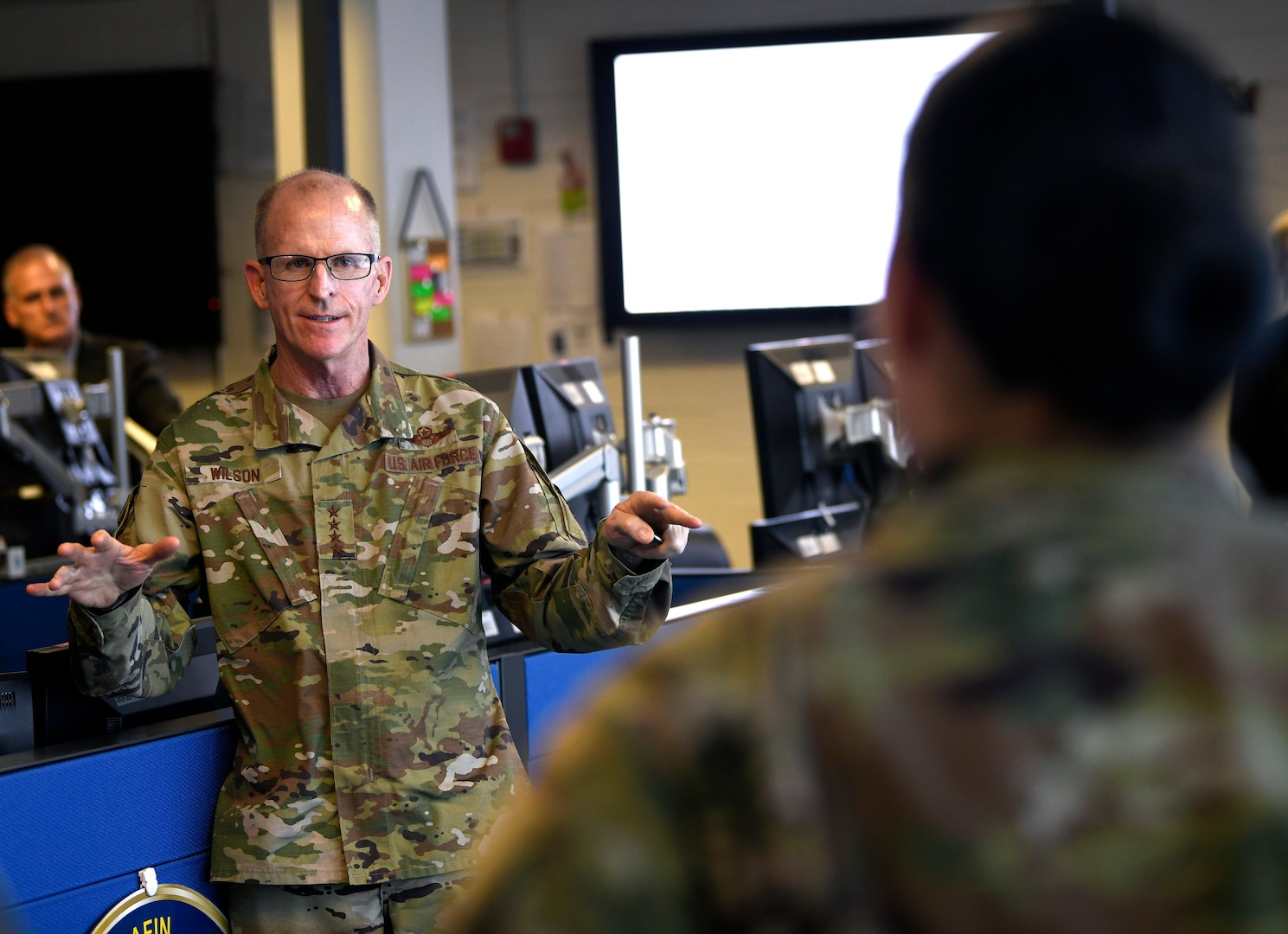 Gen. Stephen Wilson, Vice Chief of Staff of the Air Force, meets with 690th Network Support Squadron Airmen at Joint Base San Antonio-Lackland Aug. 28. Wilson visited several 24th Air Force units to meet Airmen and hear about their cyber mission capabilities.