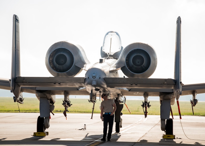 An Airman from the 23d Aircraft Maintenance Squadron inspects the underbelly of an A-10C Thunderbolt II, Aug. 30, 2019, at Moody Air Force Base, Ga. Moody’s A-10s were relocated to Little Rock AFB, Ark. in anticipation of Hurricane Dorian. (U.S. Air Force photo by Airman 1st Class Eugene Oliver)