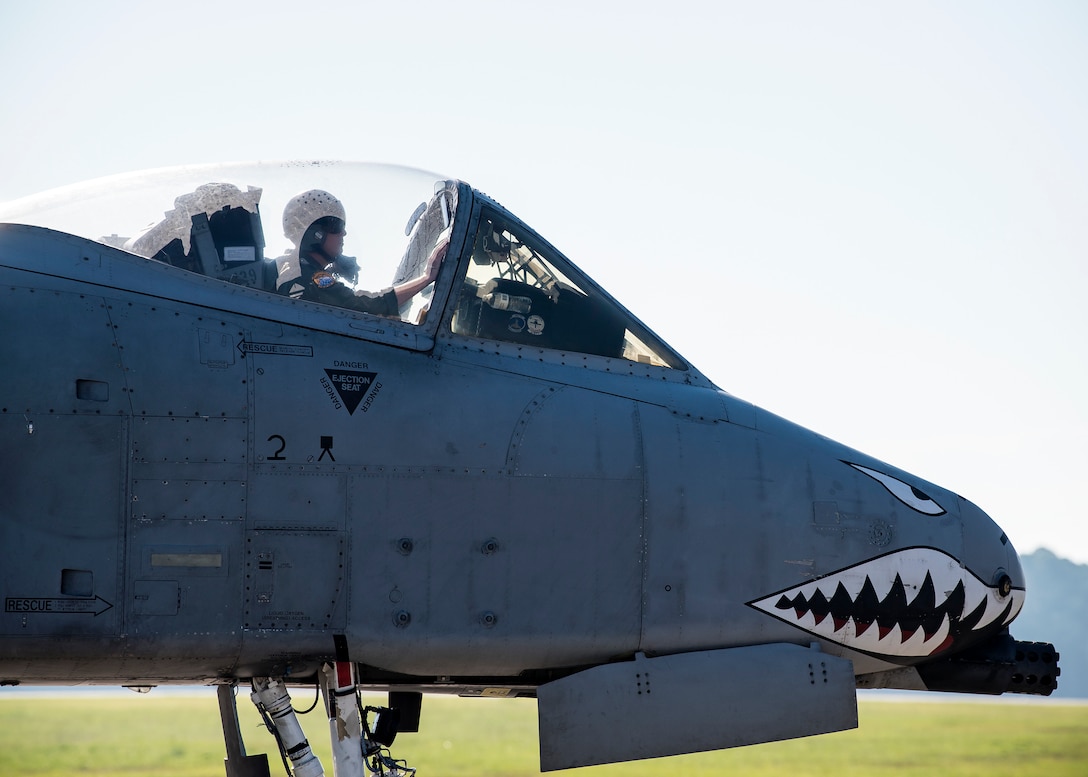A pilot from the 74th Fighter Squadron taxis an A-10C Thunderbolt II  to the runway, prior to departure for Little Rock Air Force Base, Ark., Aug. 30, 2019, at Moody AFB, Ga. Moody’s A-10s were relocated to Little Rock. in anticipation of Hurricane Dorian. (U.S. Air Force photo by Airman 1st Class Eugene Oliver)