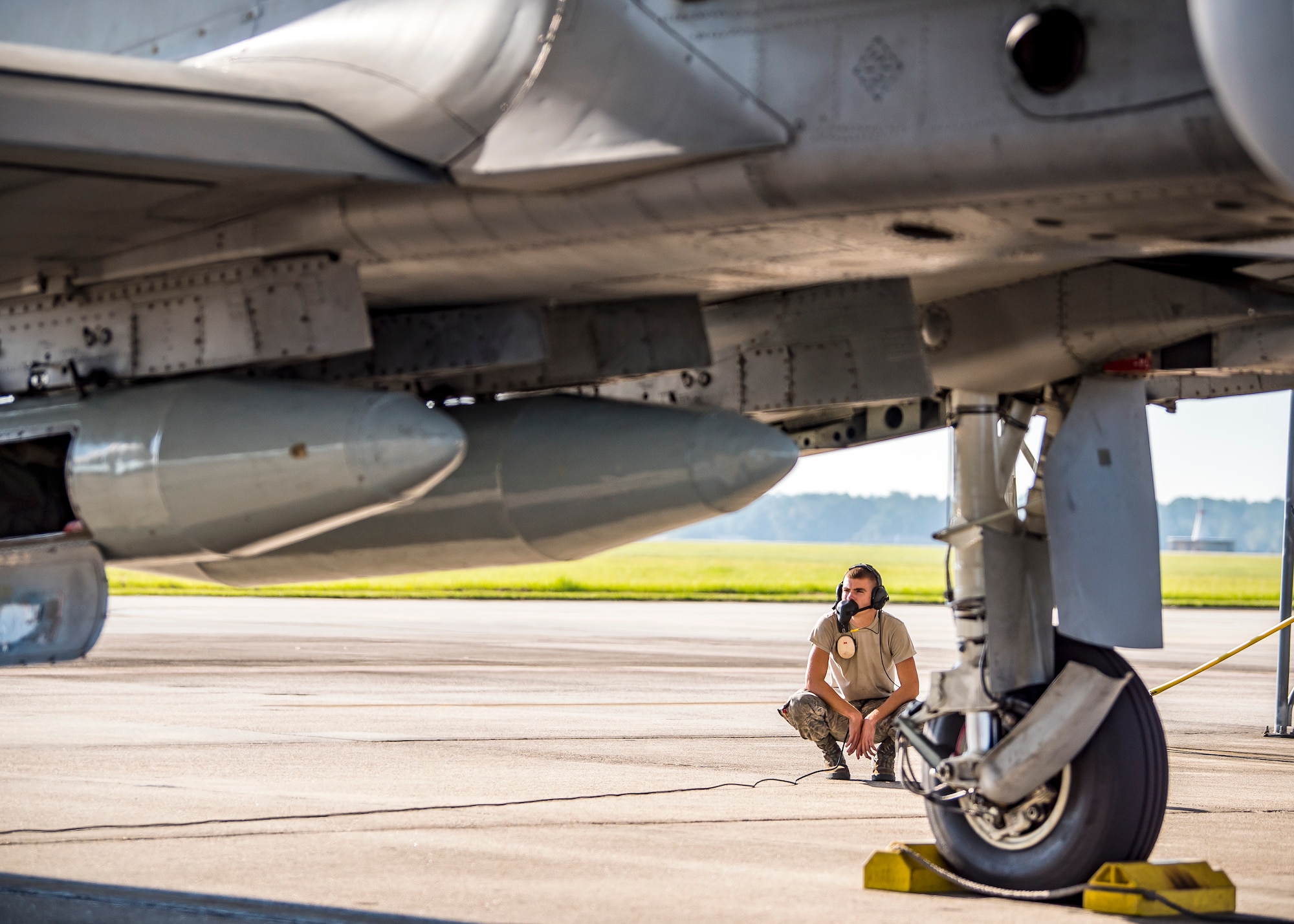 Airman 1st Class Colin Glennen, 74th Aircraft Maintenance Unit crew chief, inspects an A-10C Thunderbolt II, Aug. 30, 2019, at Moody Air Force Base, Ga. Moody’s A-10s were relocated to Little Rock AFB, Ark. in anticipation of Hurricane Dorian. (U.S. Air Force photo by Airman 1st Class Eugene Oliver)