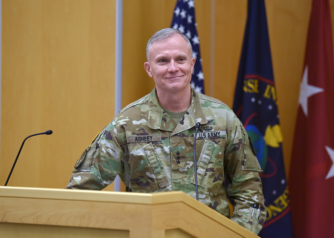 Defense Intelligence Agency Director Lt. Gen. Robert P. Ashley Jr. addresses the DIA workforce at DIA Headquarters, June 26. Ashley's day is filled with meetings, briefings and speaking events.