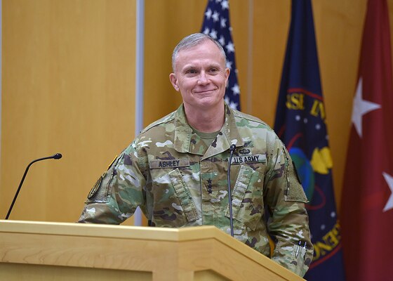 Defense Intelligence Agency Director Lt. Gen. Robert P. Ashley Jr. addresses the DIA workforce at DIA Headquarters, June 26. Ashley's day is filled with meetings, briefings and speaking events.