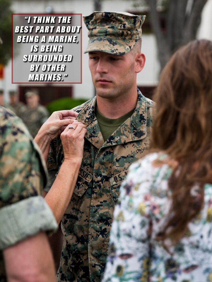 U.S. Marine Sgt. Jacob Ludovissie, networking noncommissioned officer in charge with the 13th Marine Expeditionary Unit, is promoted at Camp Pendleton, Calif. August 1, 2019. The Marines and Sailors of the 13h MEU continue to prepare themselves in garrison in between deployments. (U.S. Marine Corps photo by Cpl. A. J. Van Fredenberg)