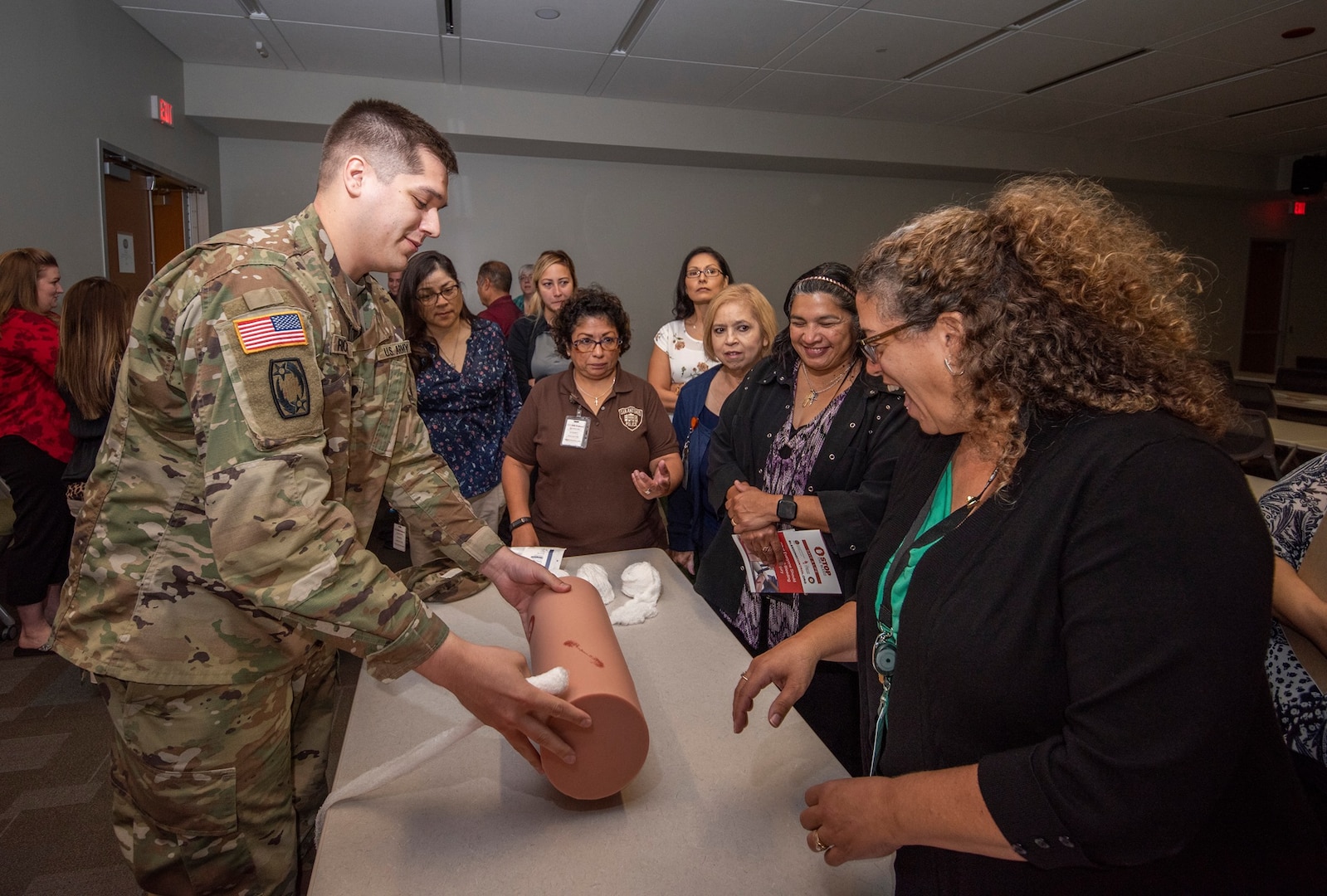 Staff members from Brooke Army Medical Center’s Trauma Clinic provide Stop the Bleed training to San Antonio Police Department members at the SAPD headquarters in San Antonio Aug. 29. The training consisted of a presentation where attendees learned the “ABCs of Bleeding Control” along with some hands-on practice in applying tourniquets, packing wounds and applying direct pressure to stop bleeding.