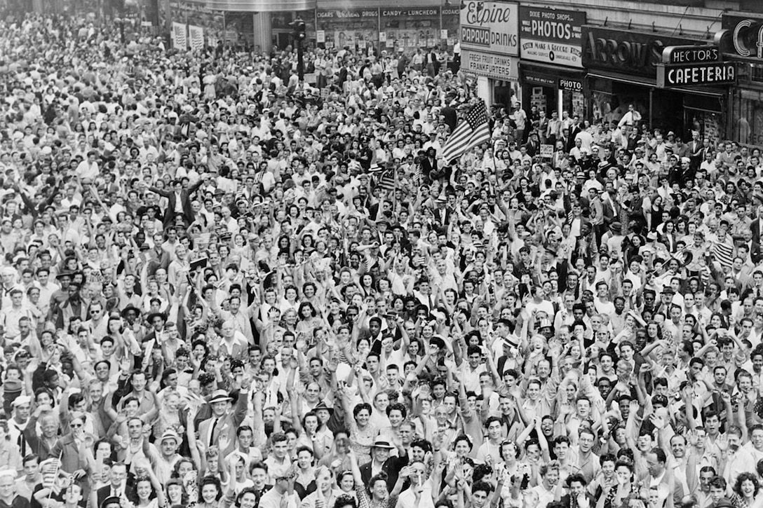 Massive crowd celebrates.