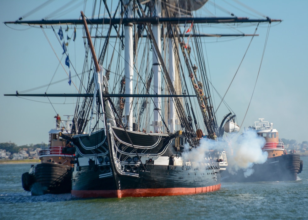 BOSTON (Aug. 30, 2019) USS Constitution is tugged out to Fort Independence on Castle Island during ‘Old Ironsides' Chief Petty Officer Heritage Week underway. During the selects' week spent aboard Constitution, Sailors teach them a variety of time-honored maritime evolutions while living and working aboard the ship. (U.S. Navy Photo by Mass Communication Specialist 3rd Class Casey Scoular/Released)