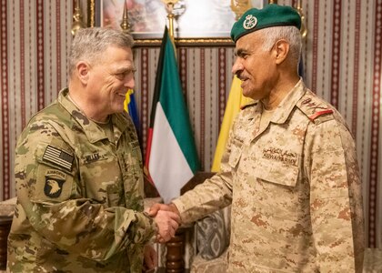 Army Gen. Mark A. Milley, chairman of the Joint Chiefs of Staff, is hosted by Kuwait Army Lt. Gen. Mohammed Khaled Al-Khadher, chief of the General Staff,  in Kuwait City, Nov. 26, 2019.