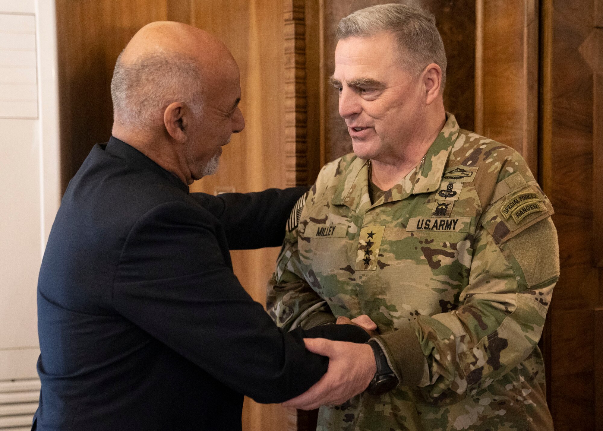 Army Gen. Mark A. Milley, chairman of the Joint Chiefs of Staff, meets with President of Afghanistan Ashraf Ghani at the Presidential Palace in Kabul, Afghanistan, Nov. 28, 2019.