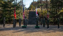 U.S. Marines with 1st Battalion, 25th Marine Regiment, currently assigned to 4th Marine Regiment, 3rd Marine Division, under the Unit Deployment Program, and Soldiers with 8th Infantry Regiment, Japan Ground Self-Defense Force, participate in an opening ceremony during Forest Light Middle Army in Aibano Training Area, Shiga, Japan, Dec. 1, 2019. Forest Light Middle Light is an annual training exercise that is designed to enhance the collective defense capabilities of the United States and Japan Alliance by allowing infantry units to maintain their lethality and proficiency in infantry and combined arms tactics. (U.S. Marine Corps photo by Lance Cpl. D’Angelo Yanez)