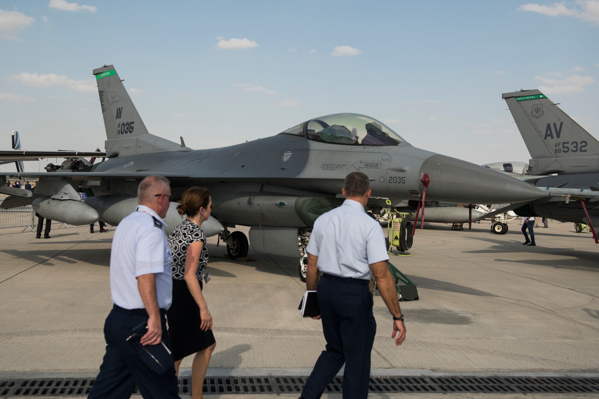 Kelli Seybolt, center, the Deputy Under Secretary of the Air Force, International Affairs, tours an F-16 Fighting Falcon alongside U.S. Air Force senior leaders at the Dubai Airshow, United Arab Emirates, on Nov. 18, 2019.