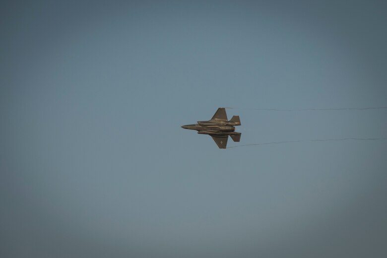 A U.S. Air Force F-35A Lightning II assigned to the 380th Air Expeditionary Wing performs an aerial demonstration at the Dubai Airshow, Nov. 19, 2019.