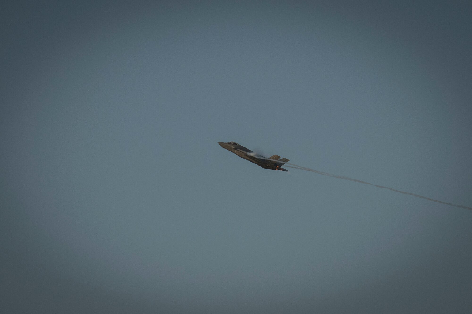 A U.S. Air Force F-35A Lightning II assigned to the 380th Air Expeditionary Wing performs an aerial demonstration at the Dubai Airshow, Nov. 19, 2019.