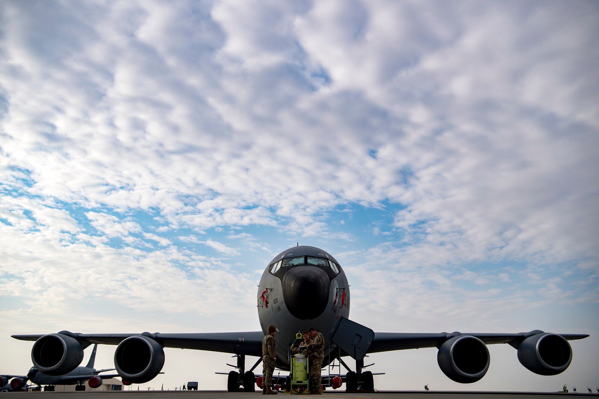 U.S. Air Force Air Force KC-135 Stratotanker aircrew members conduct preflight inspections, at Al Udeid Air Base, Nov. 20, 2019.