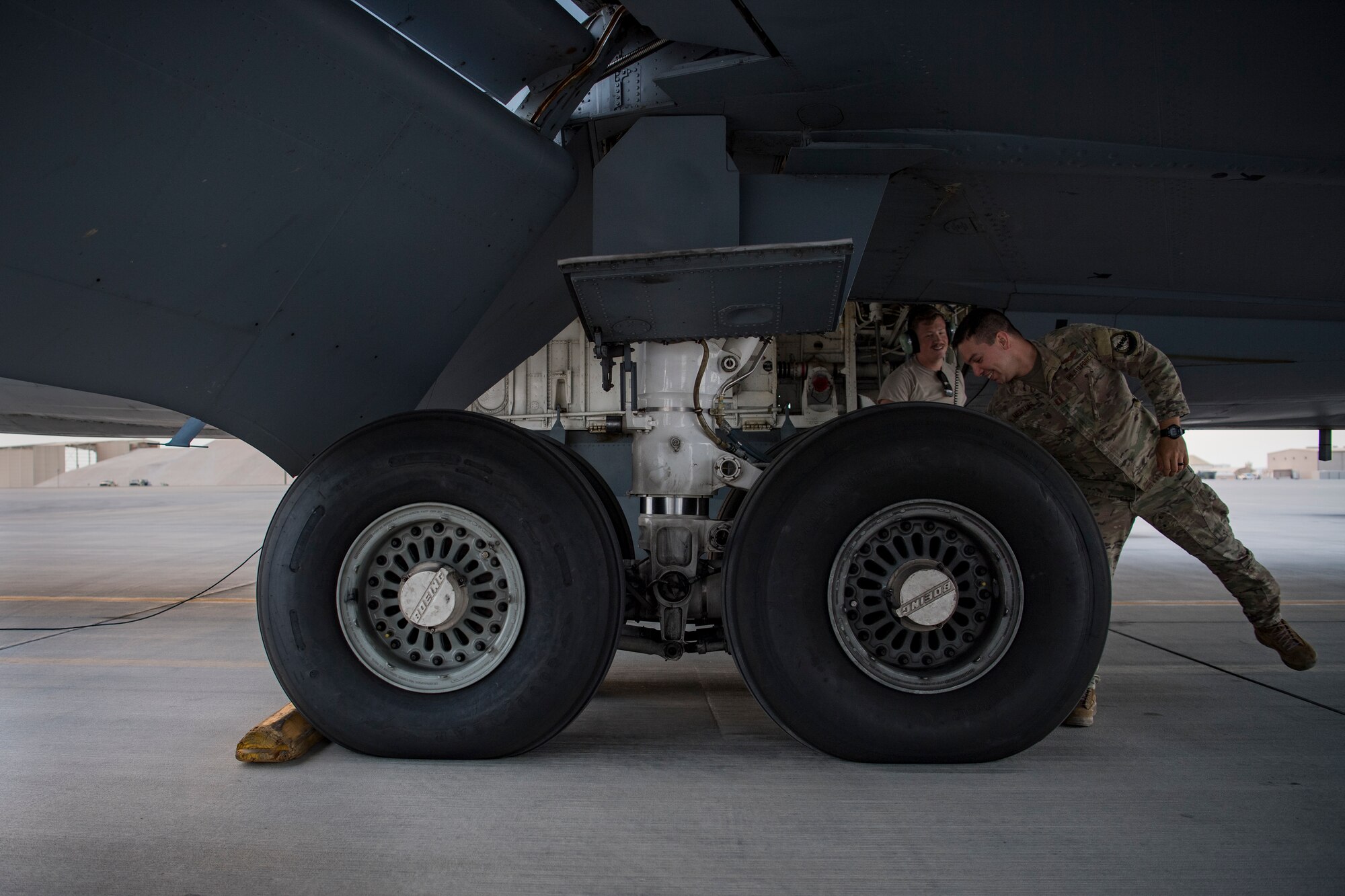 U.S. Air Force KC-135 aircrew with the 28th Expeditionary Air Refueling Squadron perform preflight inspections, Nov. 24, 2019, at Al Udeid Air Base.