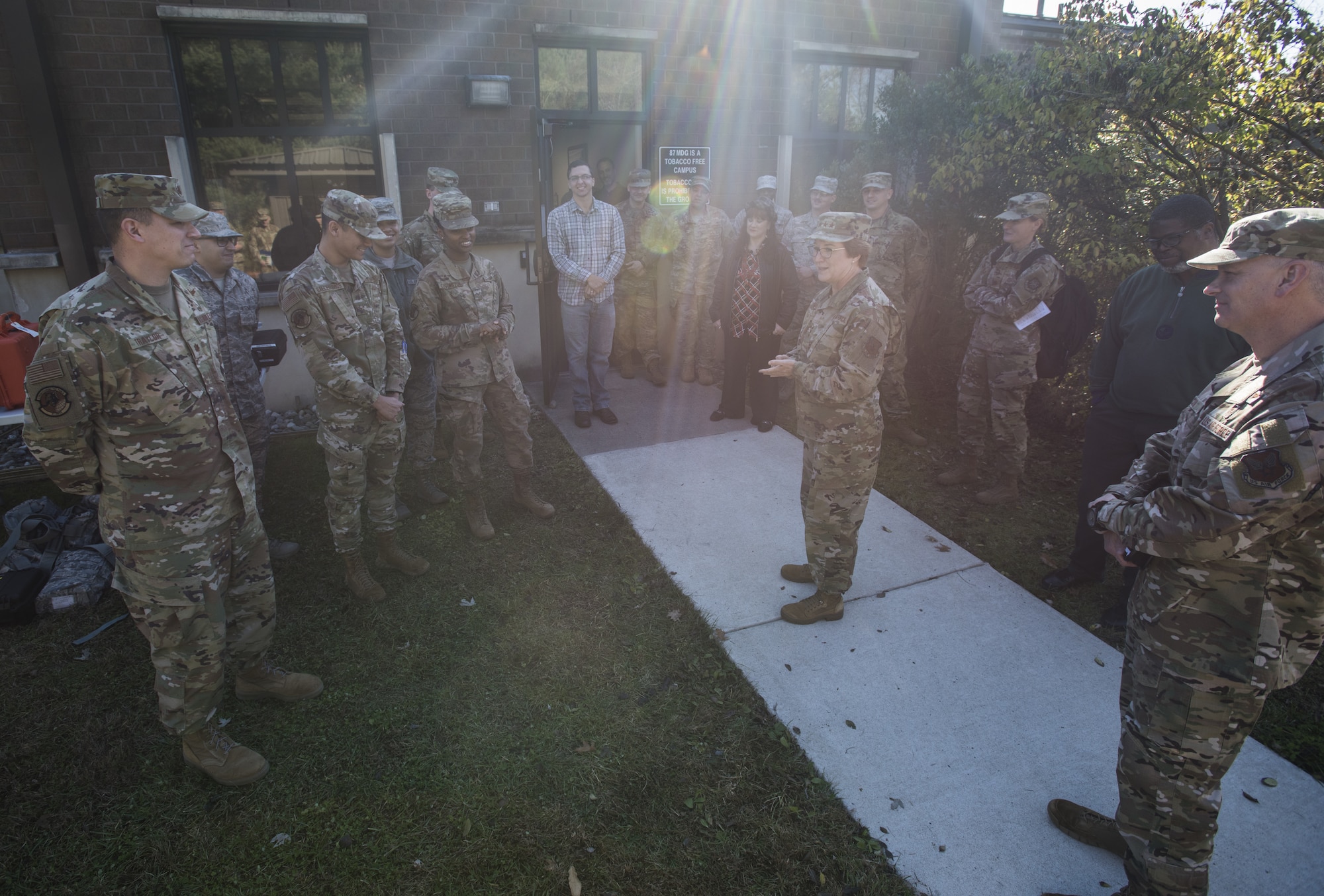 Lt. Gen. Dorothy Hogg, U.S. Air Force Surgeon General, discusses the future of military medicine with the 87th Bioenvironmental Engineering team during her tour of the 87th Medical Group at Joint Base McGuire-Dix-Lakehurst, N.J., Nov. 21, 2019. The team showed Hogg the abilities of their unit and the different situations they are typically called for. Hogg was also shown mechanical and tool parts that were 3D printed on the installation for a fraction of the cost of buying the complete tool from an outside provider. (U.S. Air Force photo by Airman 1st Class Ariel Owings)