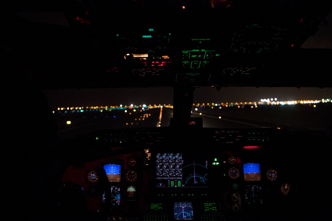 U.S. Air Force KC-135 pilots with the 28th Expeditionary Air Refueling Squadron land at Al Udeid Air Base, Nov. 24, 2019.