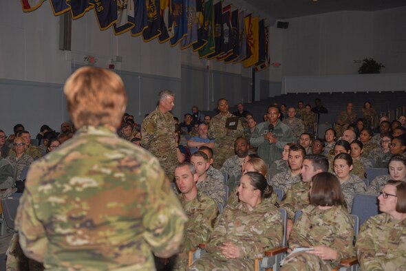 Lt. Gen. Dorothy Hogg, U.S. Air Force Surgeon General, and Chief Master Sgt. G. Steve Cum, Chief of the Medical Enlisted Force, host an all call for the 87th Medical Group during a tour at Joint Base McGuire-Dix-Lakehurst, N.J., Nov. 21, 2019. During the all call, medical staff had an opportunity to address questions or concerns directed toward military medicine and the future of programs, patient care and training. Hogg spoke of the importance to not only think outside of the box, but to think without the box and challenge the boundaries and guidelines provided to medical professionals. (U.S. Air Force photo by Airman 1st Class Ariel Owings)